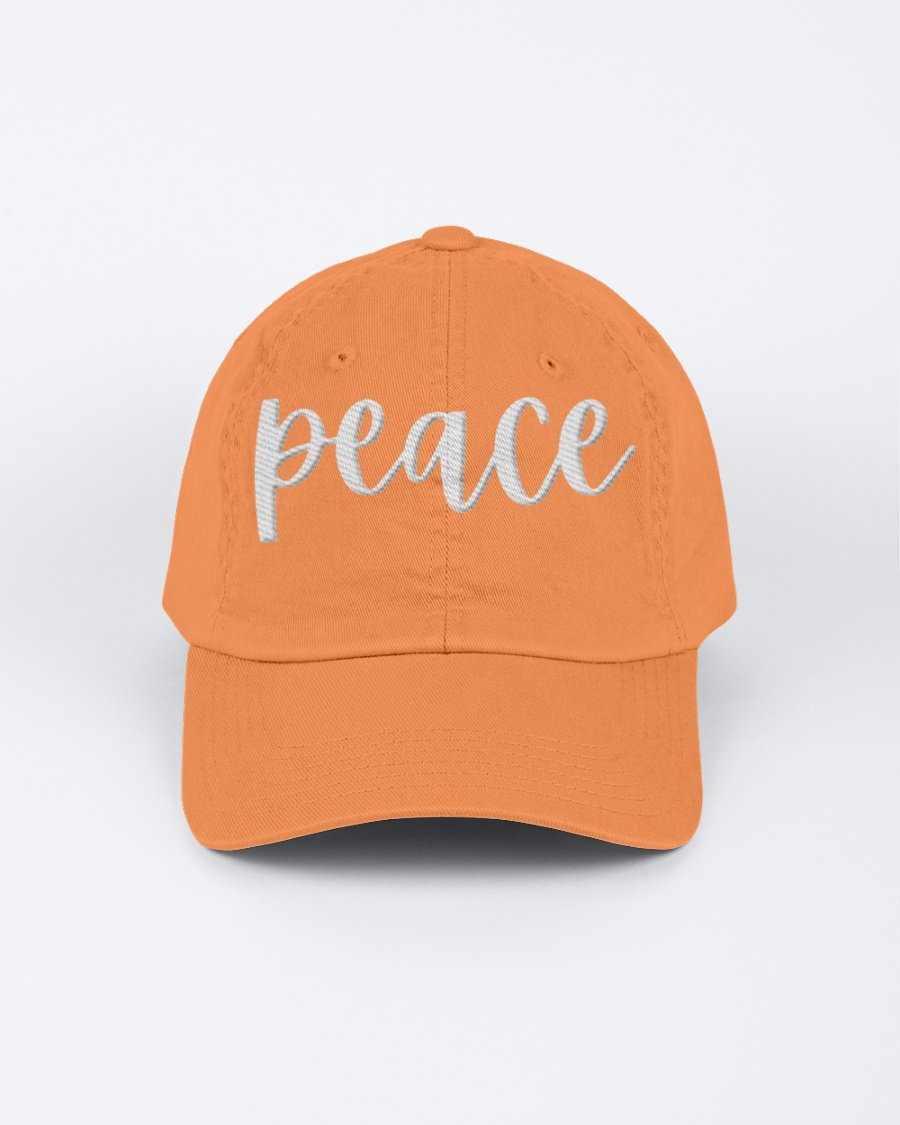 Chino Cap featuring a peace embroidered graphic, made from 100% chino cotton twill, showcasing a low-profile design.