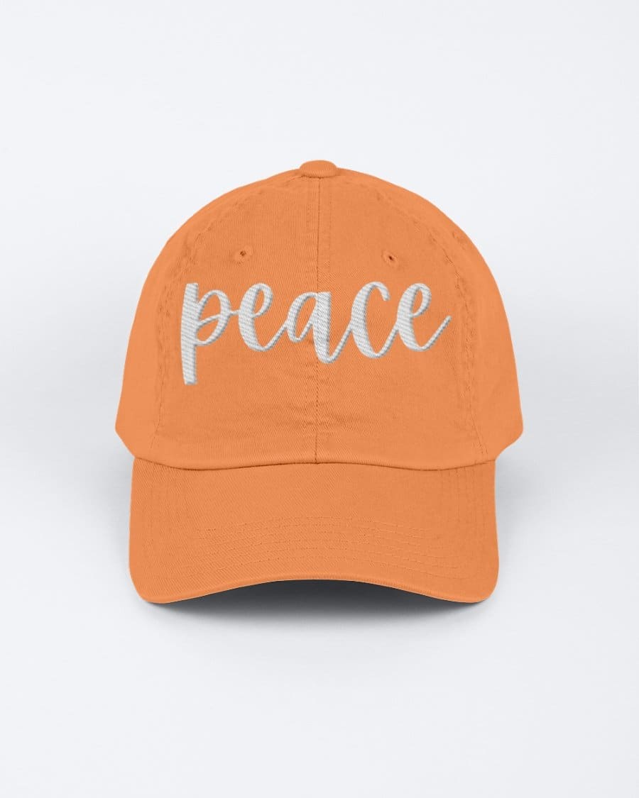 Chino Cap featuring a peace embroidered graphic, made from 100% chino cotton twill, showcasing a low-profile design.