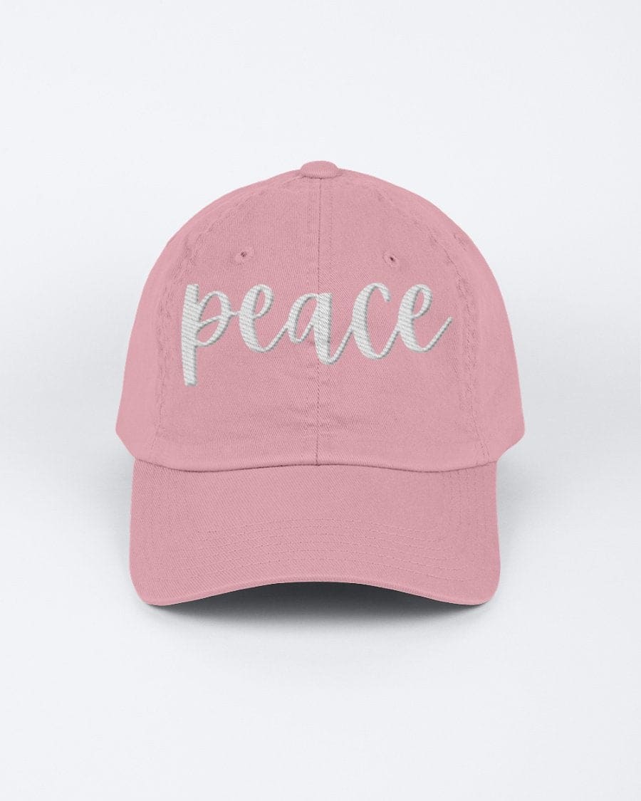 Chino Cap featuring a peace embroidered graphic, made from 100% chino cotton twill, showcasing a low-profile design.