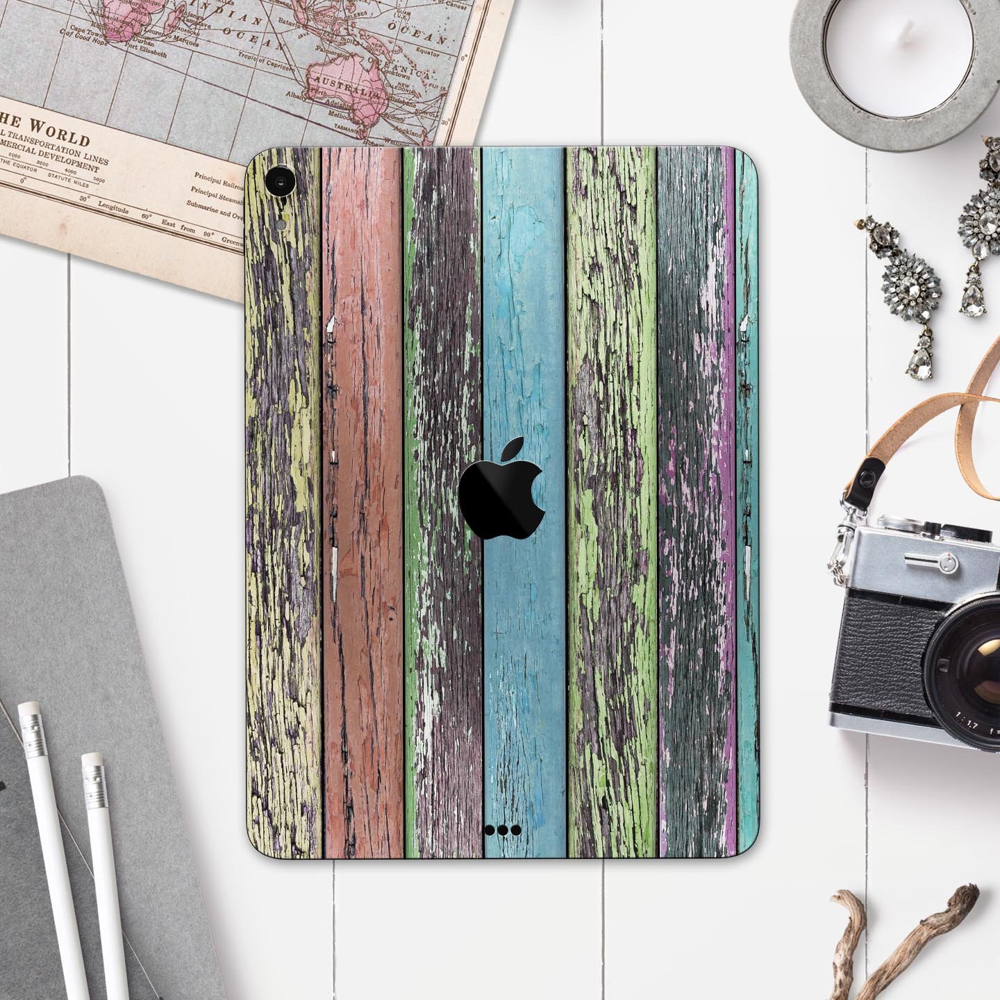 Chipped Pastel Paint on Wood Full Body Skin Decal for Apple iPad, showcasing a stylish and protective design.