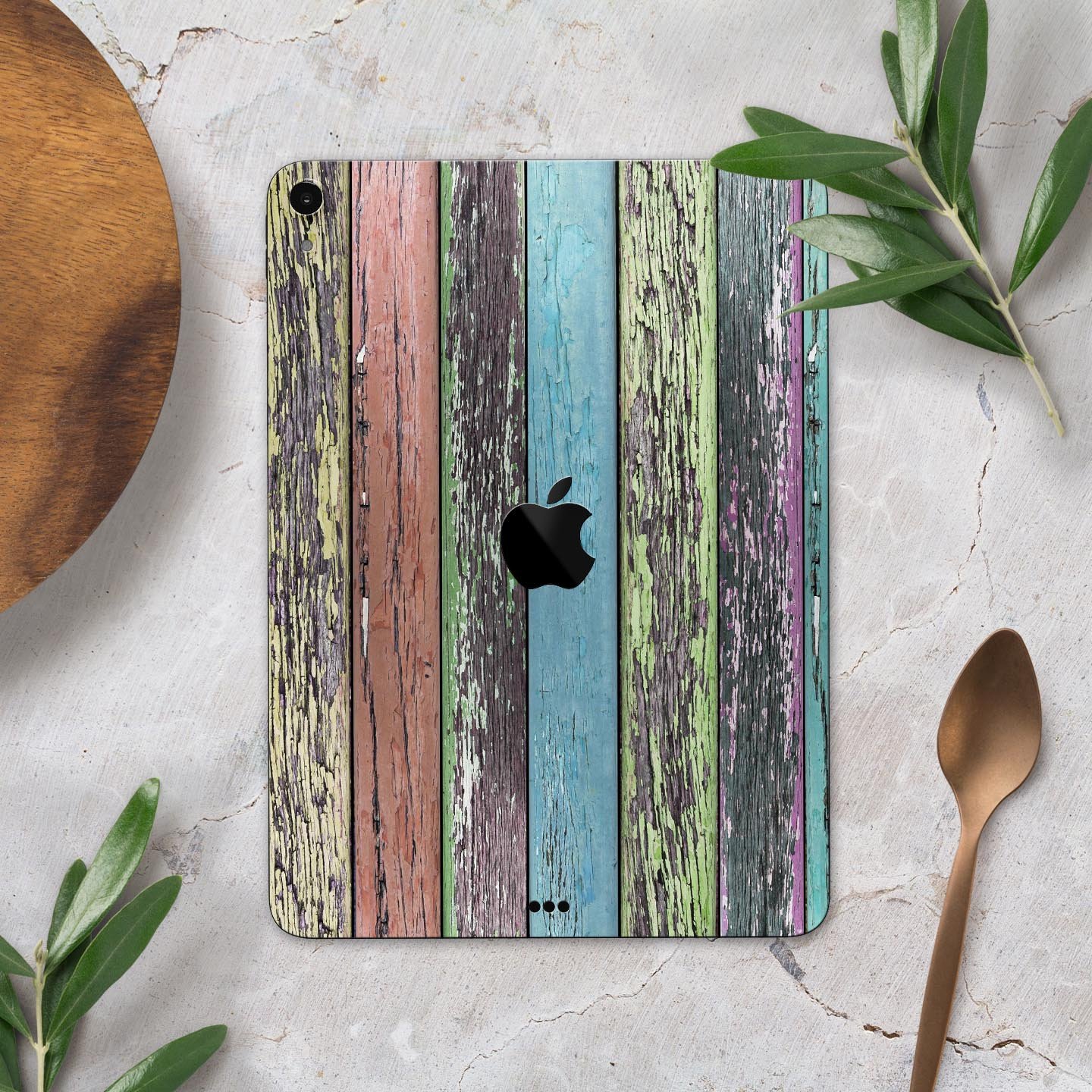 Chipped Pastel Paint on Wood Full Body Skin Decal for Apple iPad, showcasing a stylish and protective design.