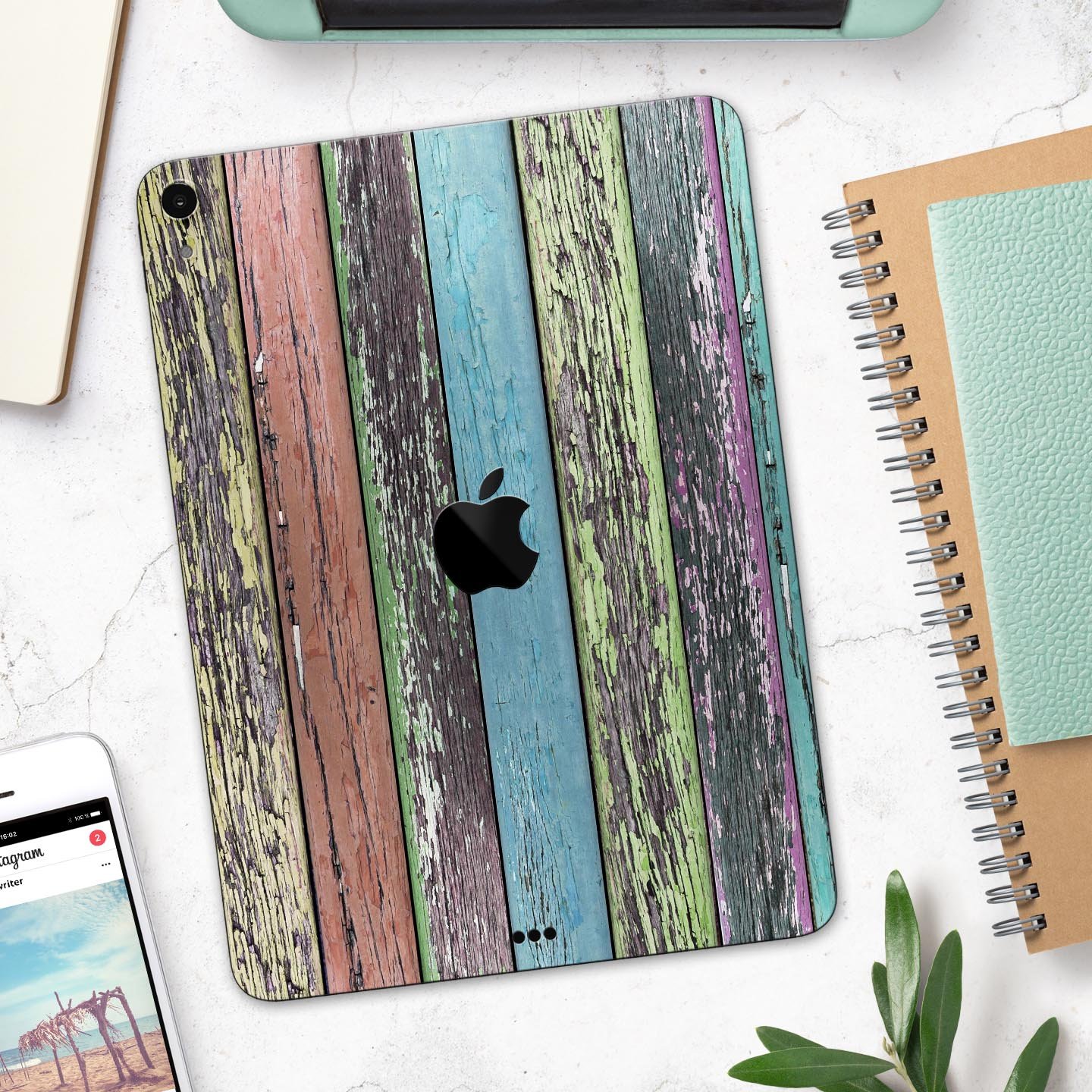 Chipped Pastel Paint on Wood Full Body Skin Decal for Apple iPad, showcasing a stylish and protective design.