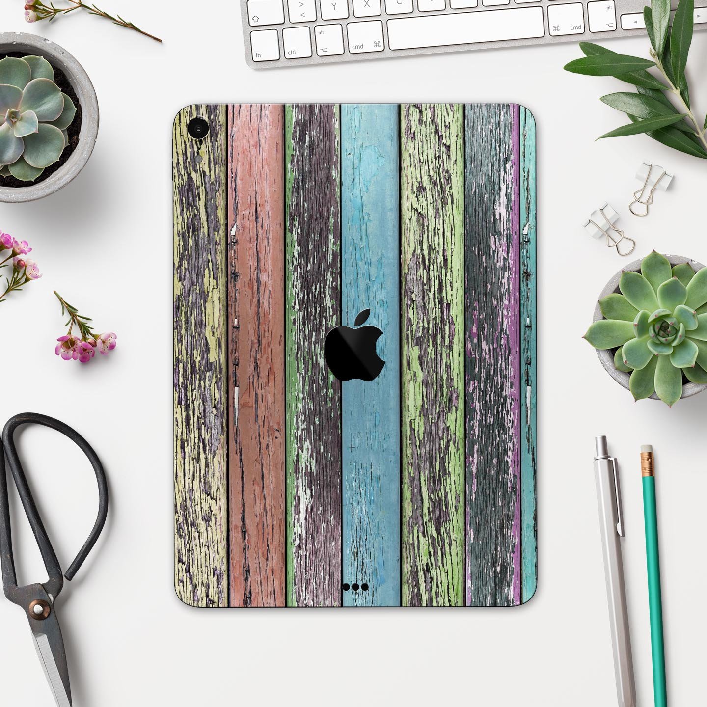 Chipped Pastel Paint on Wood Full Body Skin Decal for Apple iPad, showcasing a stylish and protective design.