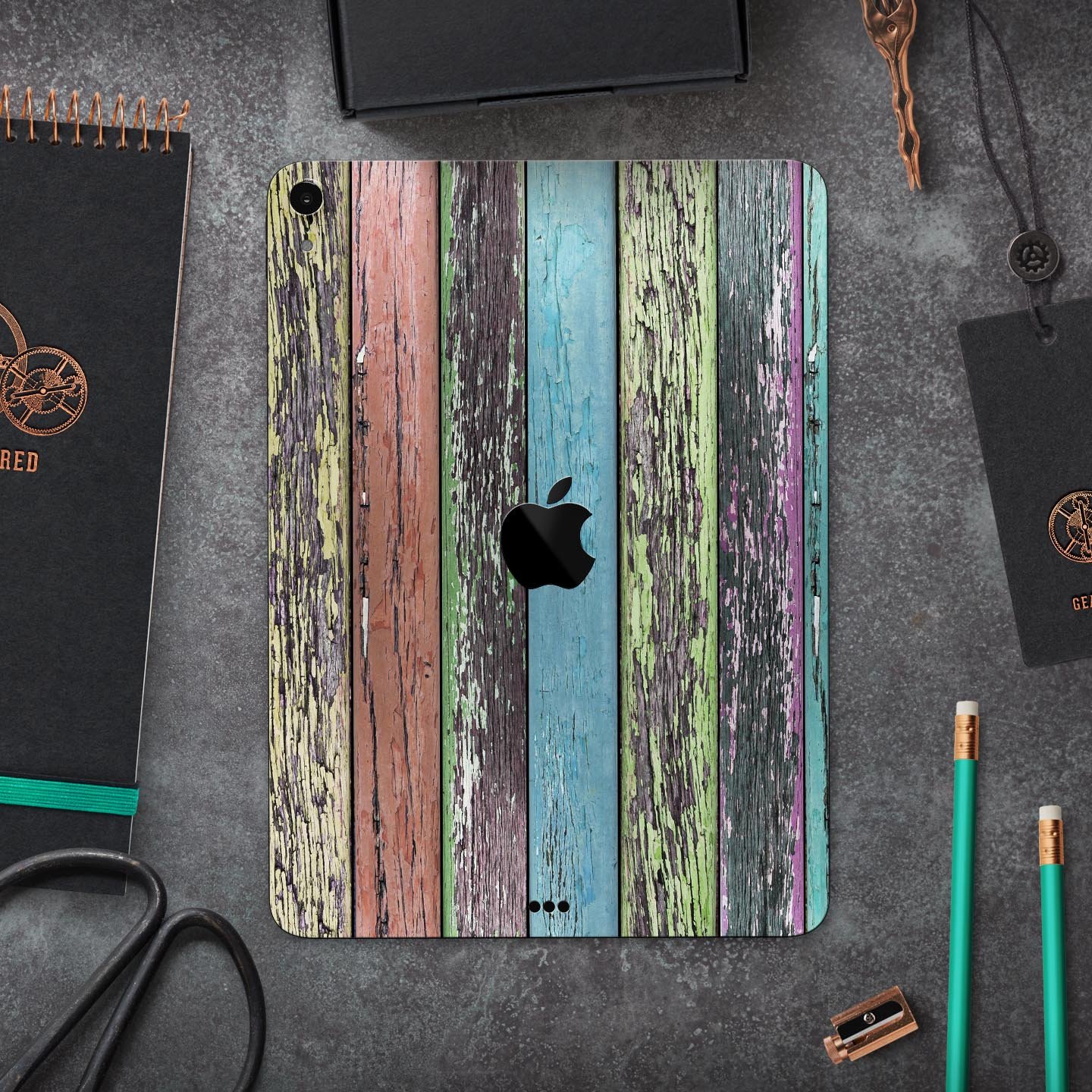 Chipped Pastel Paint on Wood Full Body Skin Decal for Apple iPad, showcasing a stylish and protective design.