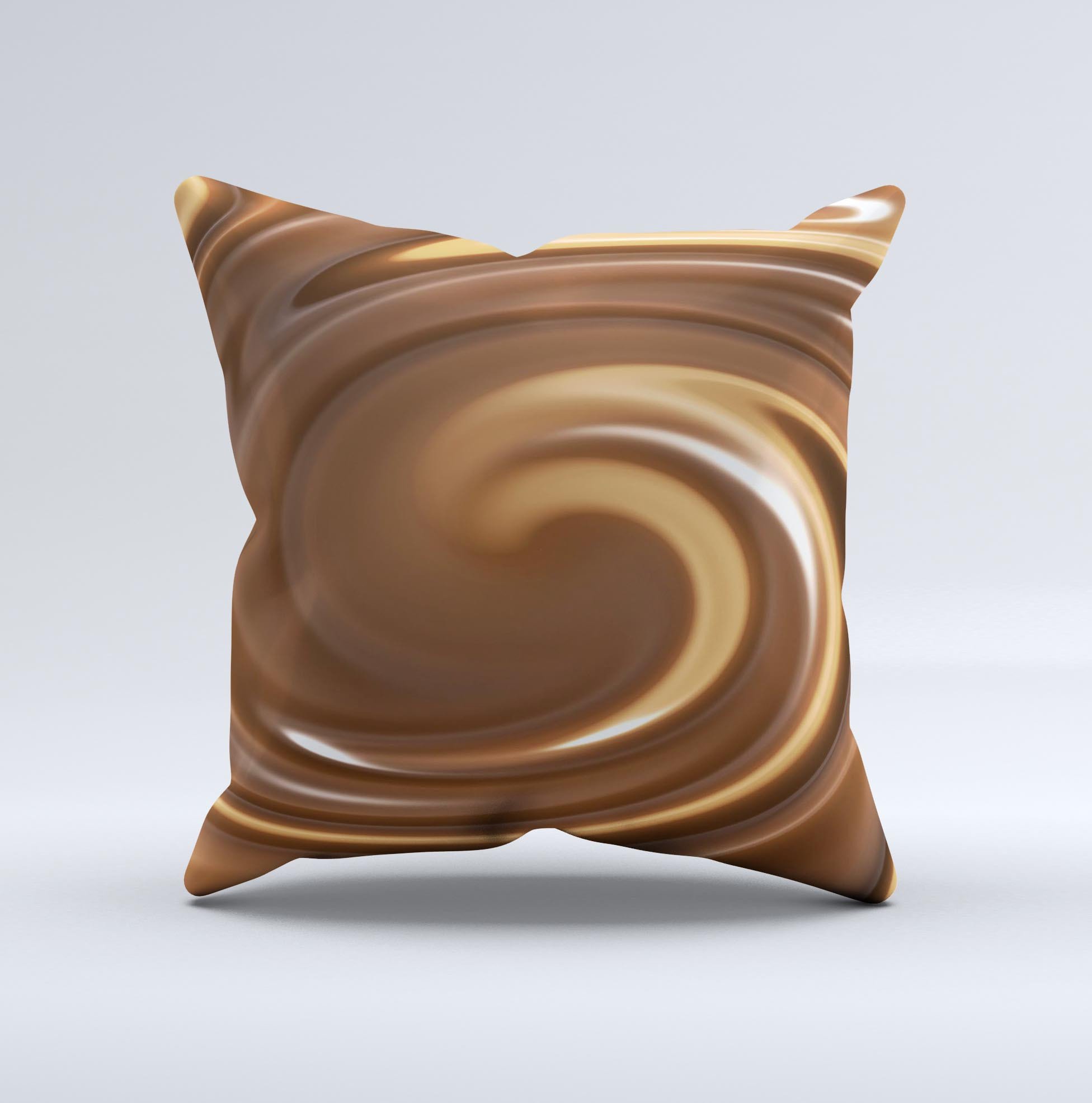 Chocolate and Carmel Swirl ink-Fuzed Decorative Throw Pillow showcasing unique handcrafted design and high-quality fabric.