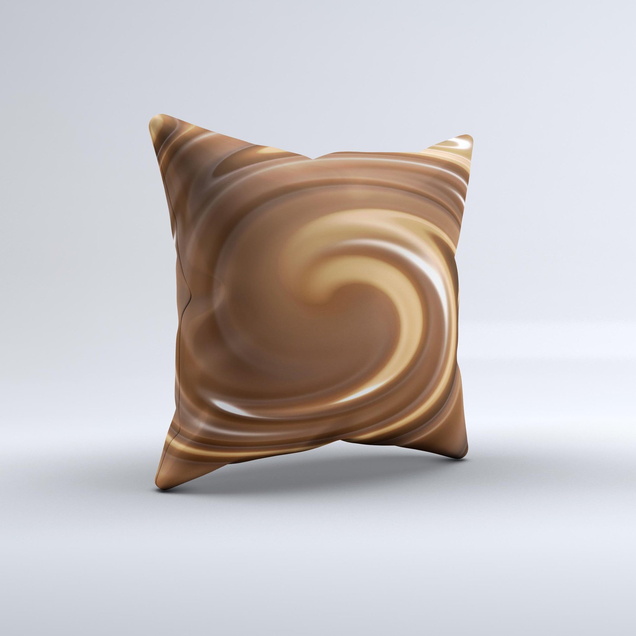 Chocolate and Carmel Swirl ink-Fuzed Decorative Throw Pillow showcasing unique handcrafted design and high-quality fabric.