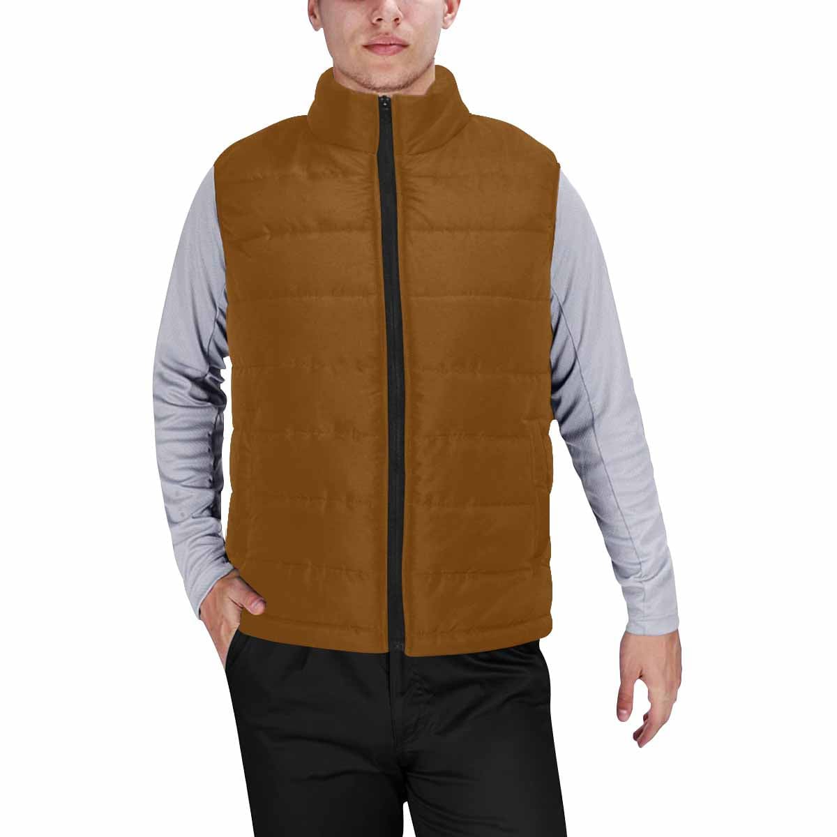 Chocolate brown men's padded vest with quilted design and zipper closure, perfect for layering in cool weather.