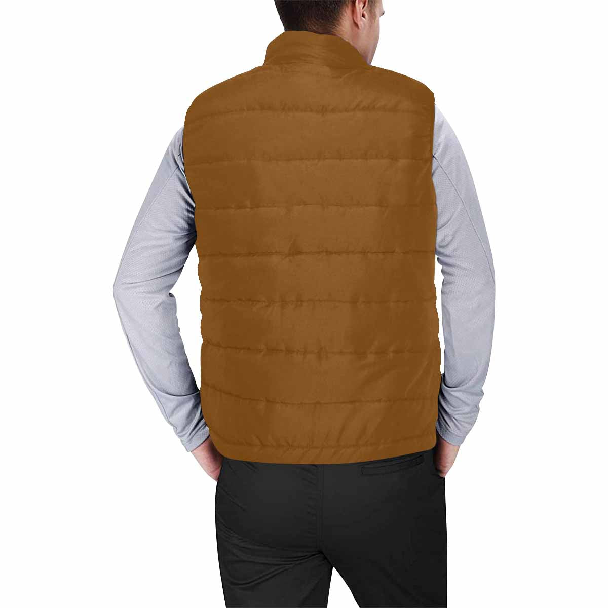 Chocolate brown men's padded vest with quilted design and zipper closure, perfect for layering in cool weather.