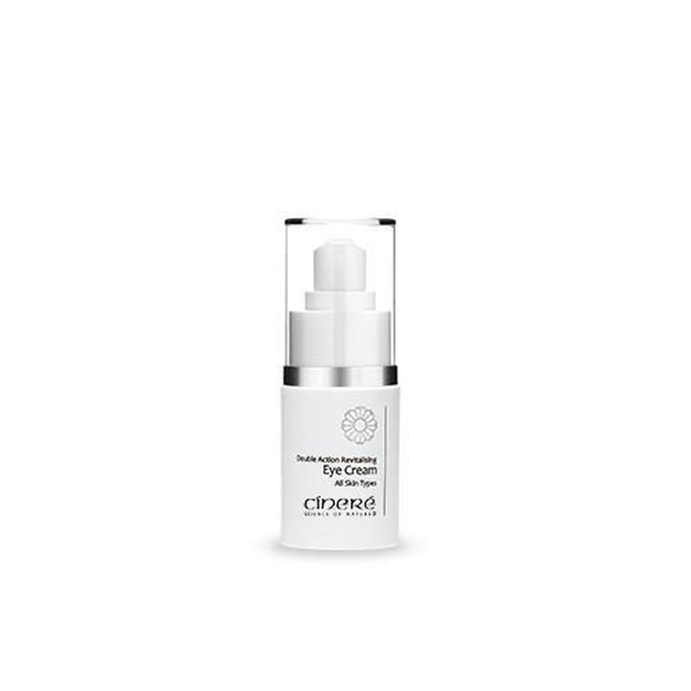 Cinere Double Action Revitalising Eye Cream 15ml in a sleek container, showcasing its luxurious texture and packaging.