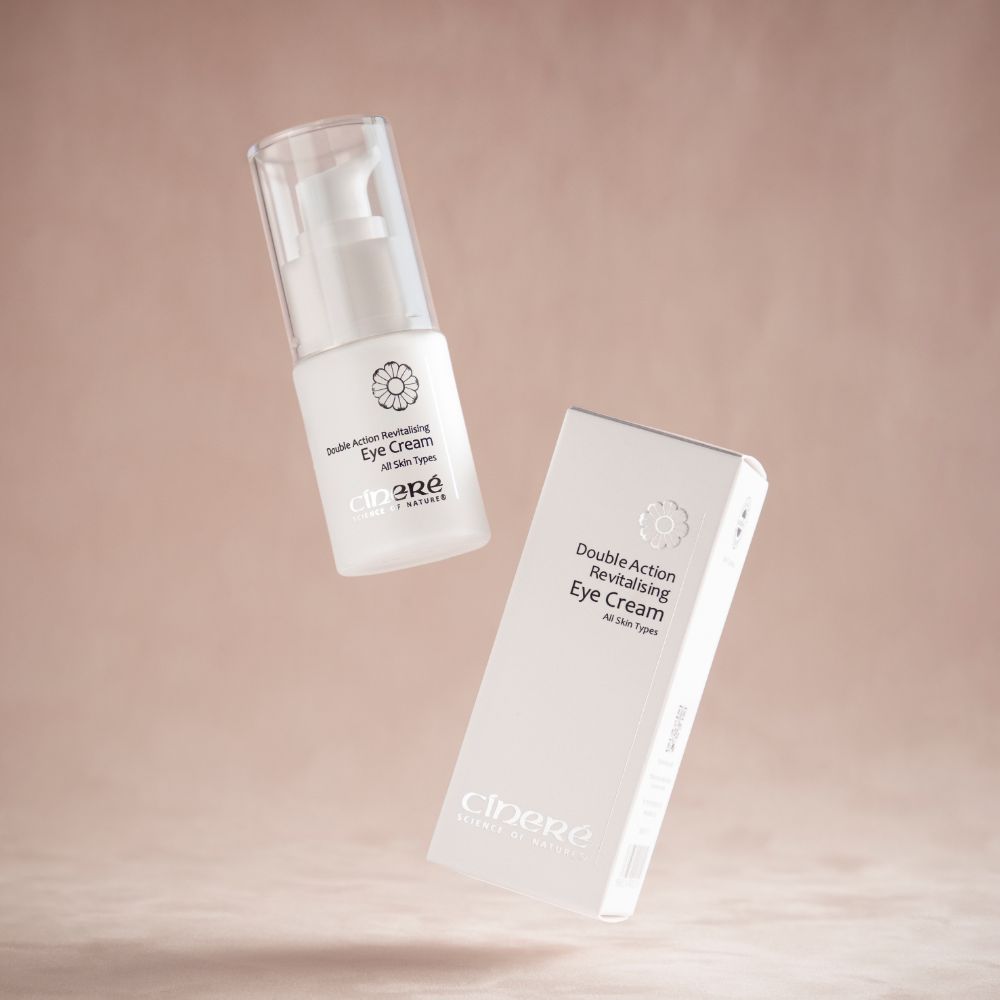 Cinere Double Action Revitalising Eye Cream 15ml in a sleek container, showcasing its luxurious texture and packaging.