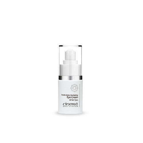 Cinere Double Action Revitalising Eye Cream 15ml in a sleek container, showcasing its luxurious texture and packaging.