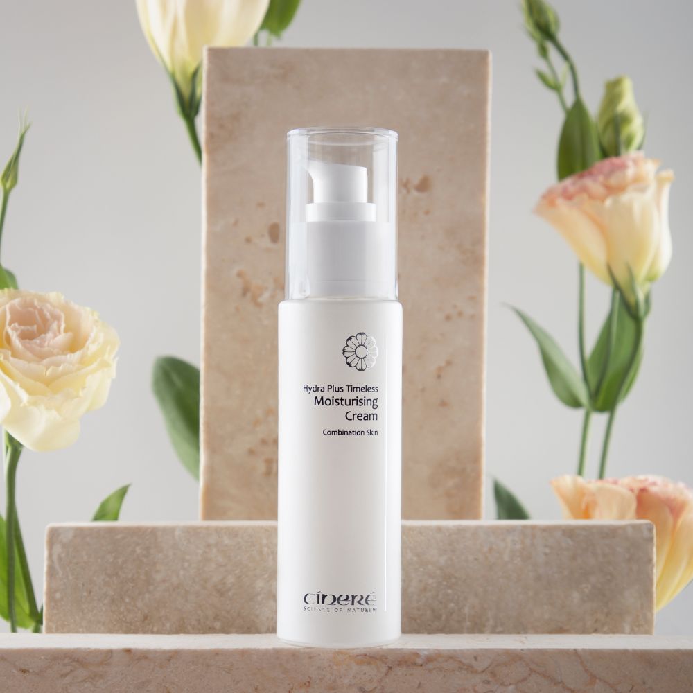 Cinere Hydra Plus Timeless Moisturising Cream in a 50ml jar, designed for combination skin, showcasing its rich texture and natural ingredients.