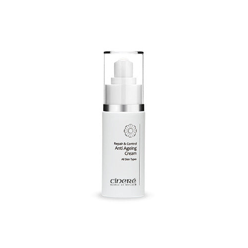 Cinere Repair & Control Anti Ageing Cream 30ml in a sleek jar, showcasing its luxurious texture and anti-aging properties.