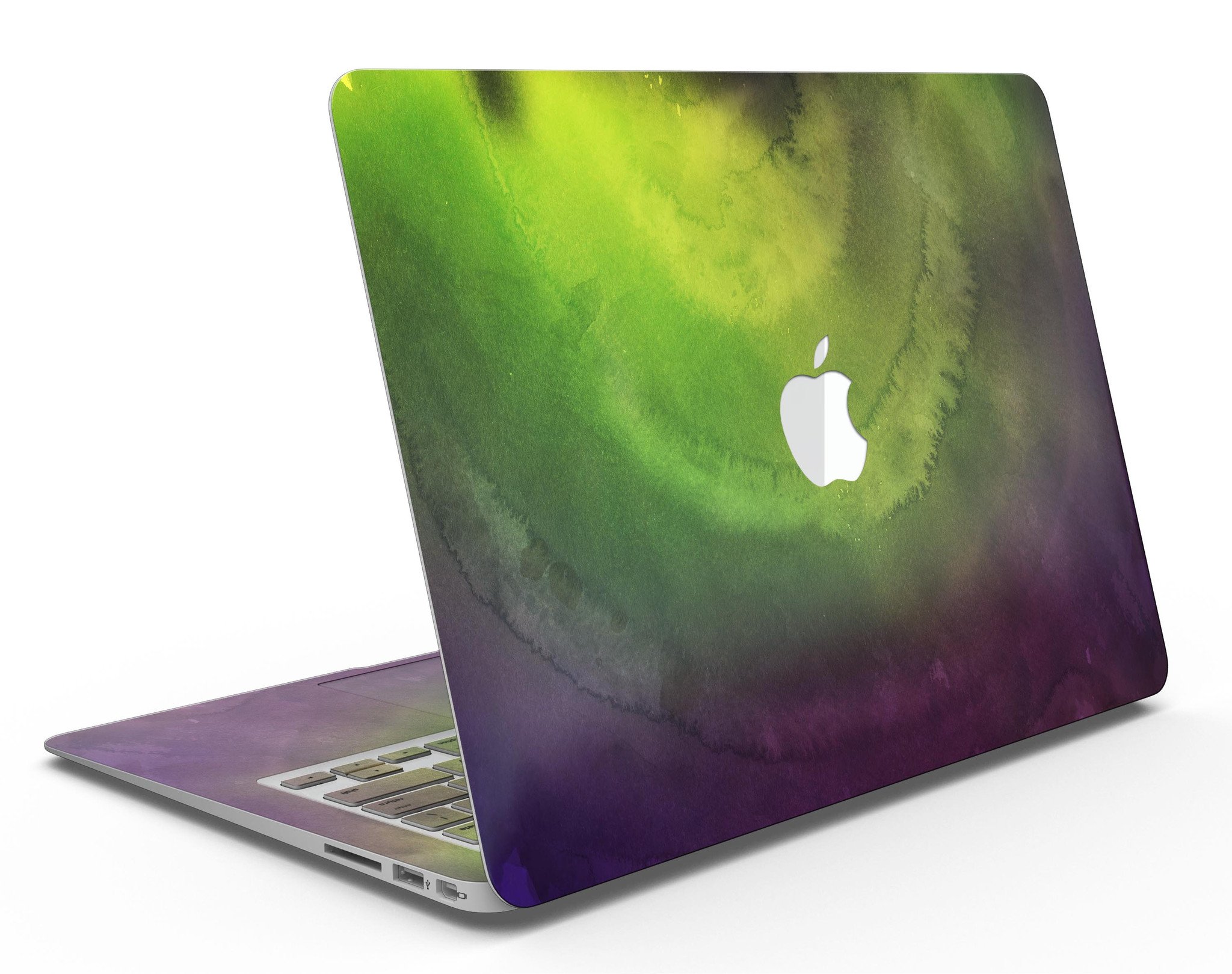 Circled Dark Absorbed Watercolor Texture MacBook Air Skin Kit showcasing a vibrant watercolor design on a sleek MacBook Air.