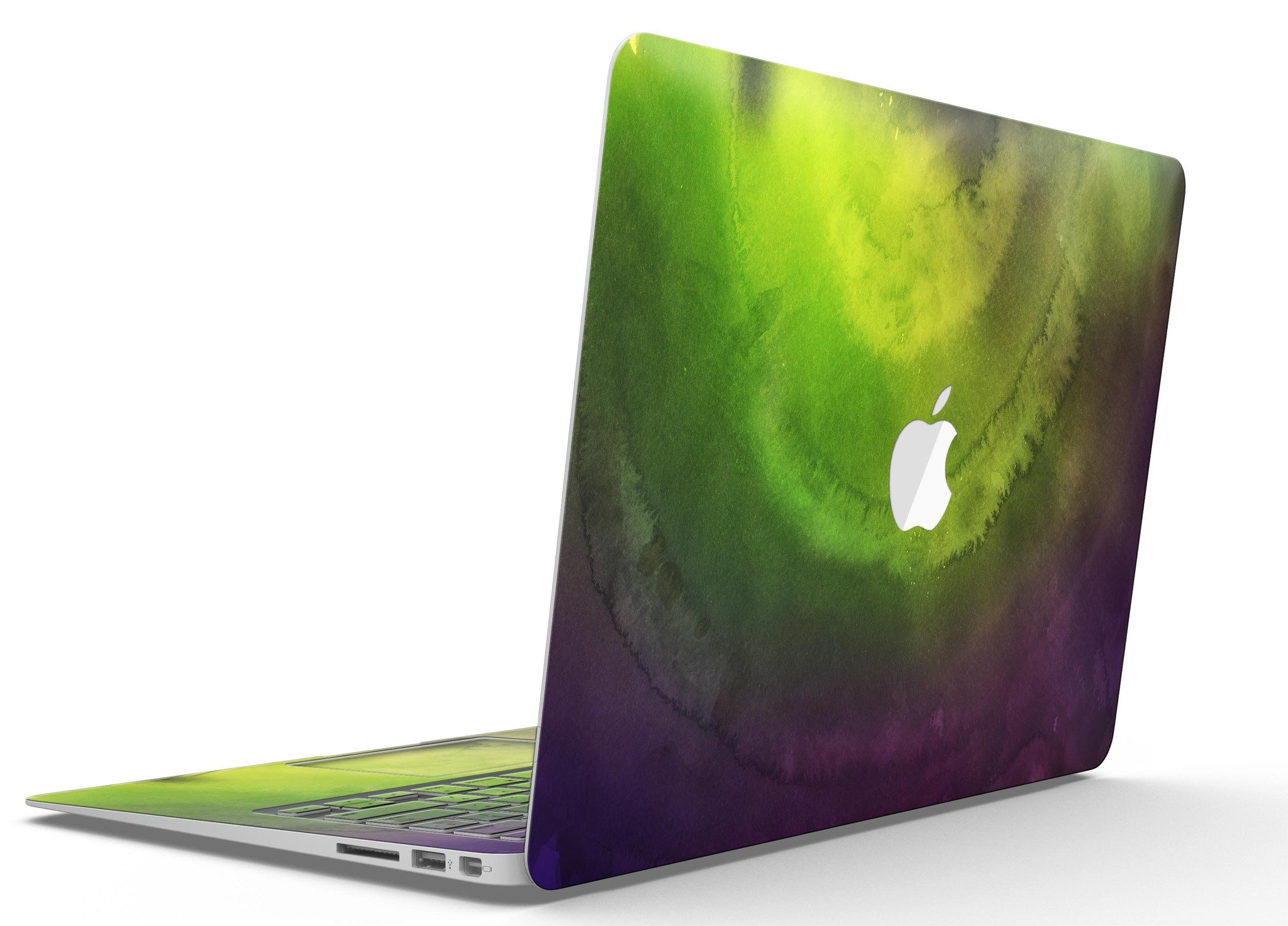 Circled Dark Absorbed Watercolor Texture MacBook Air Skin Kit showcasing a vibrant watercolor design on a sleek MacBook Air.