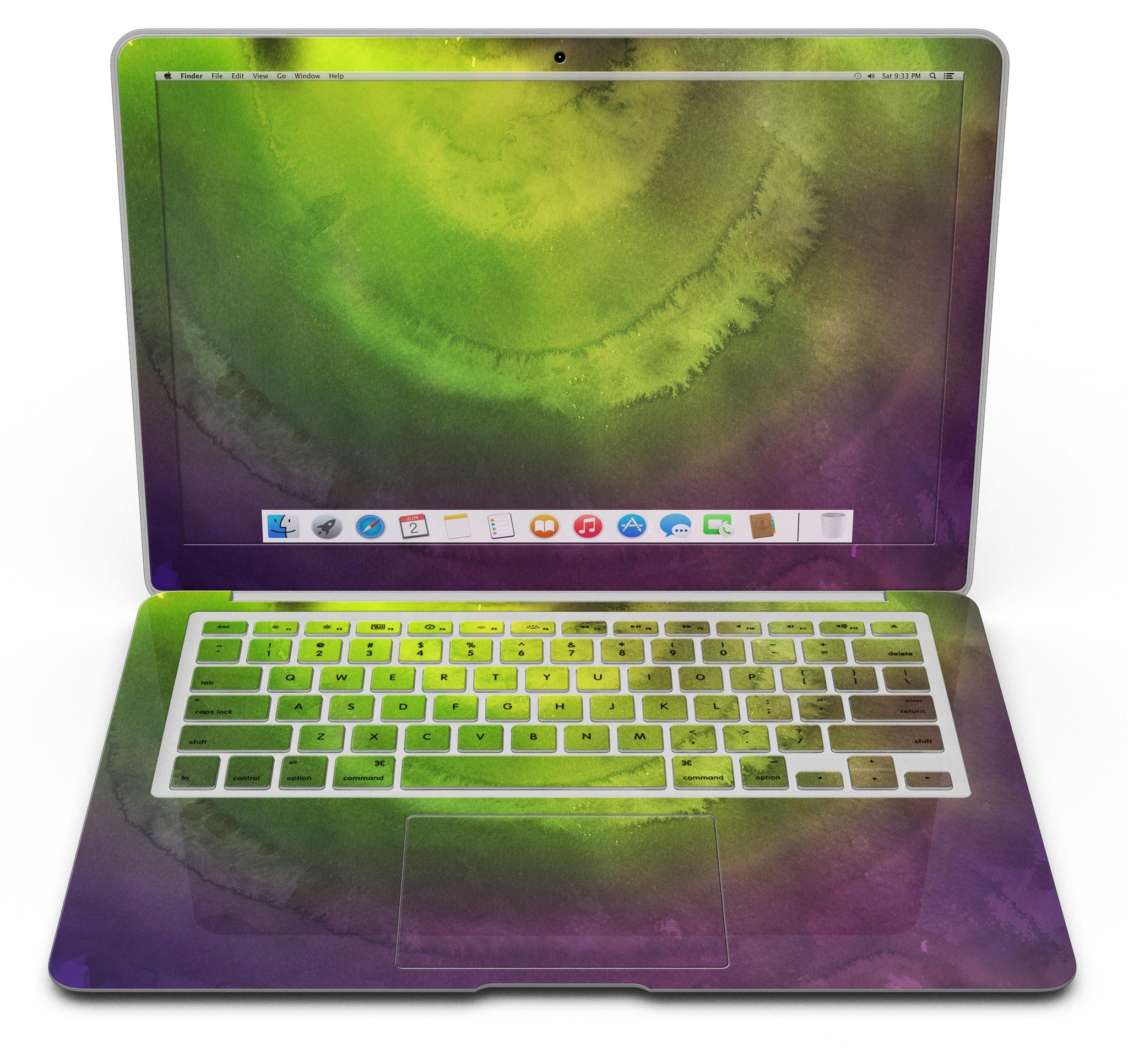 Circled Dark Absorbed Watercolor Texture MacBook Air Skin Kit showcasing a vibrant watercolor design on a sleek MacBook Air.