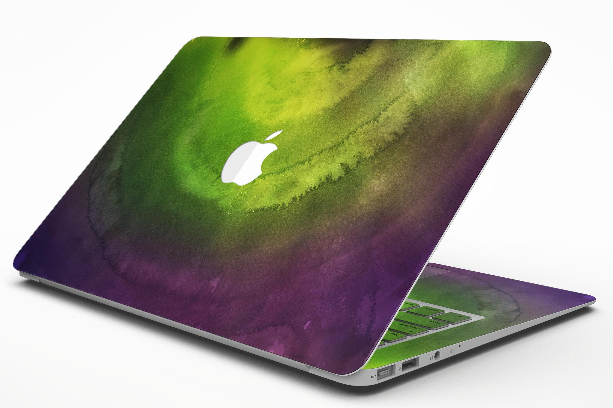 Circled Dark Absorbed Watercolor Texture MacBook Air Skin Kit showcasing a vibrant watercolor design on a sleek MacBook Air.