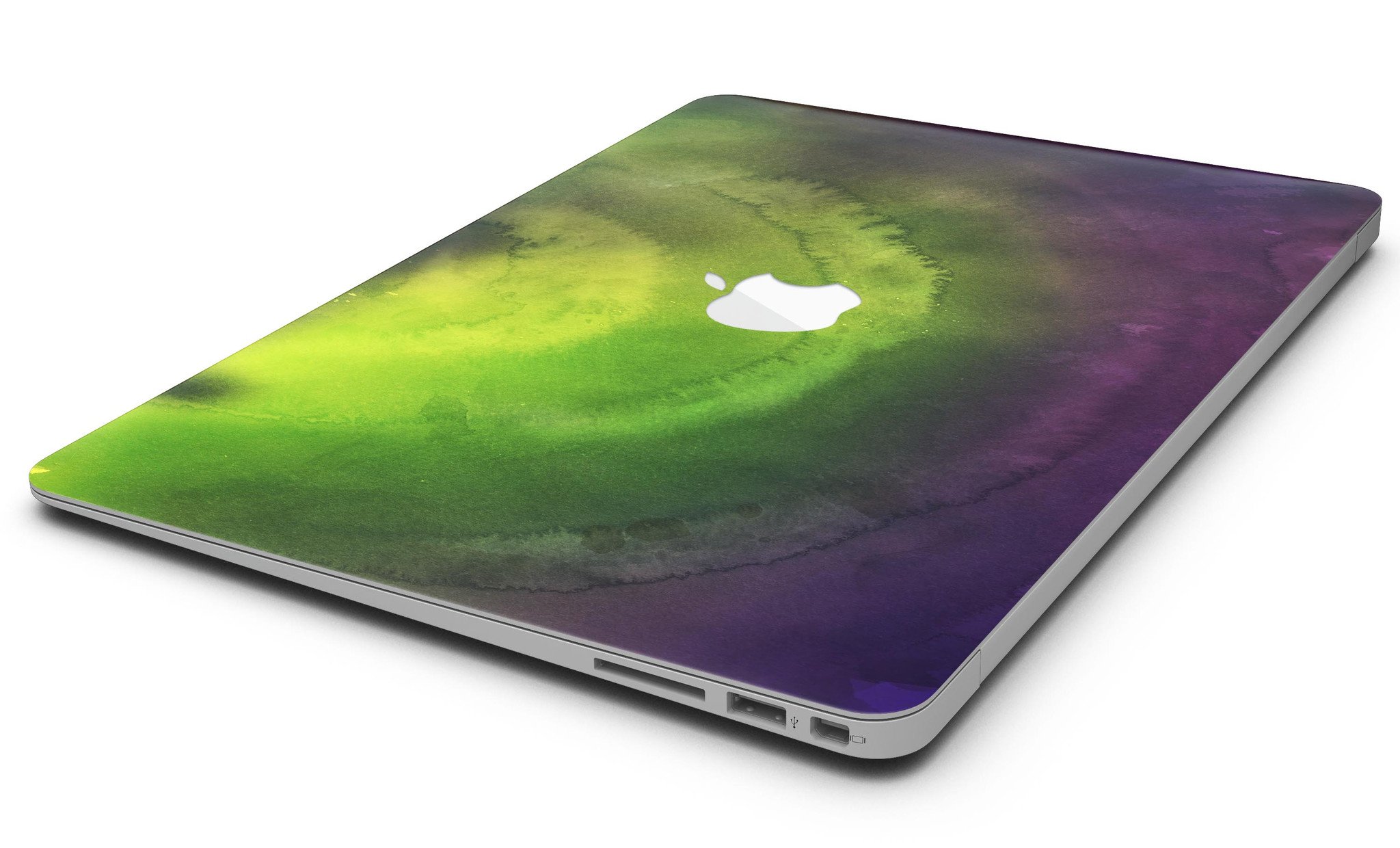 Circled Dark Absorbed Watercolor Texture MacBook Air Skin Kit showcasing a vibrant watercolor design on a sleek MacBook Air.