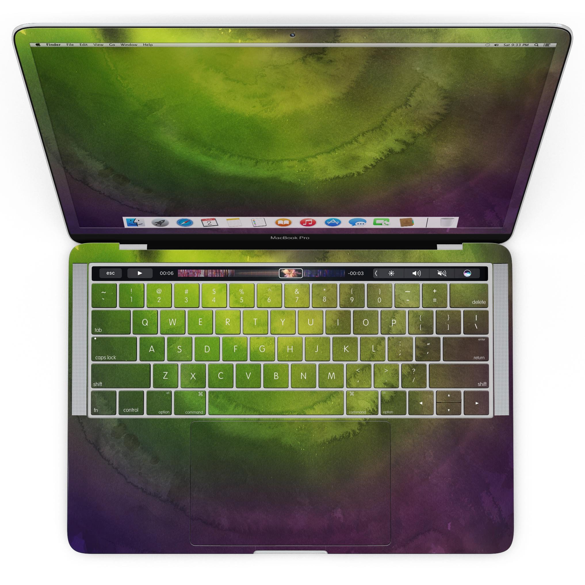 Circled Dark Absorbed Watercolor Texture skin applied to a MacBook Pro with Touch Bar, showcasing its unique design and fit.