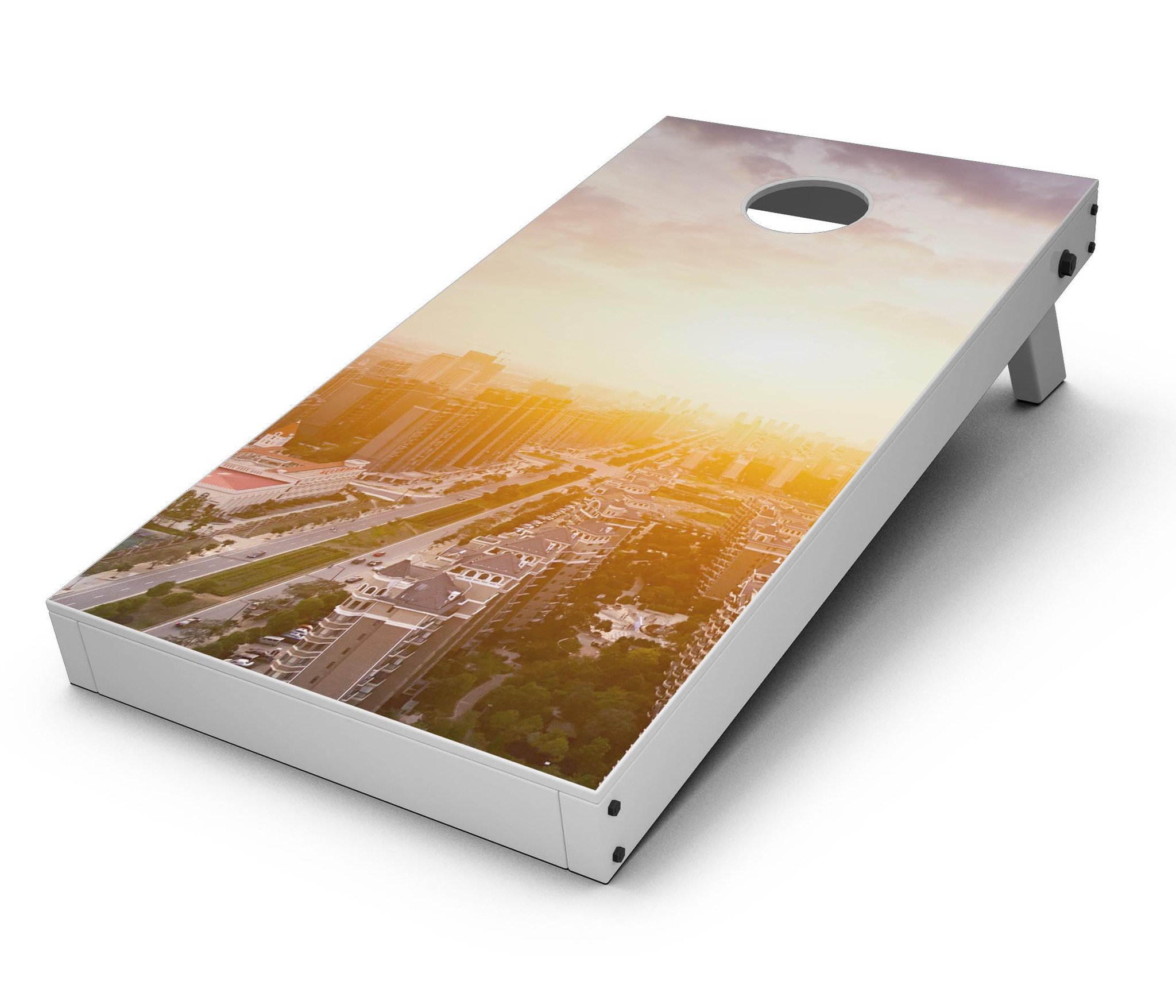 Cityscape at Sunset CornHole Board Skin Decal Kit showcasing vibrant sunset colors and city skyline design, perfect for customizing Cornhole boards.