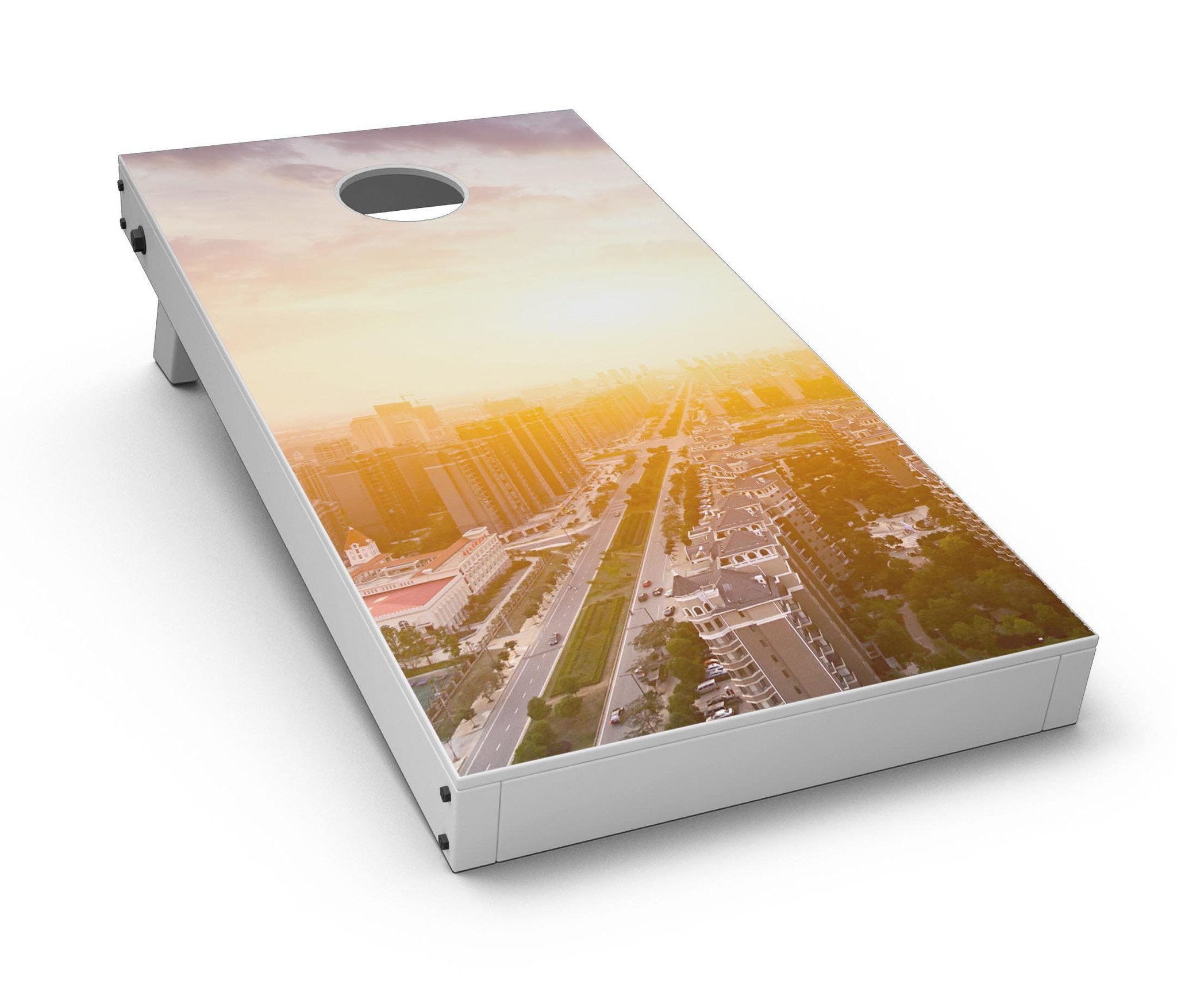 Cityscape at Sunset CornHole Board Skin Decal Kit showcasing vibrant sunset colors and city skyline design, perfect for customizing Cornhole boards.