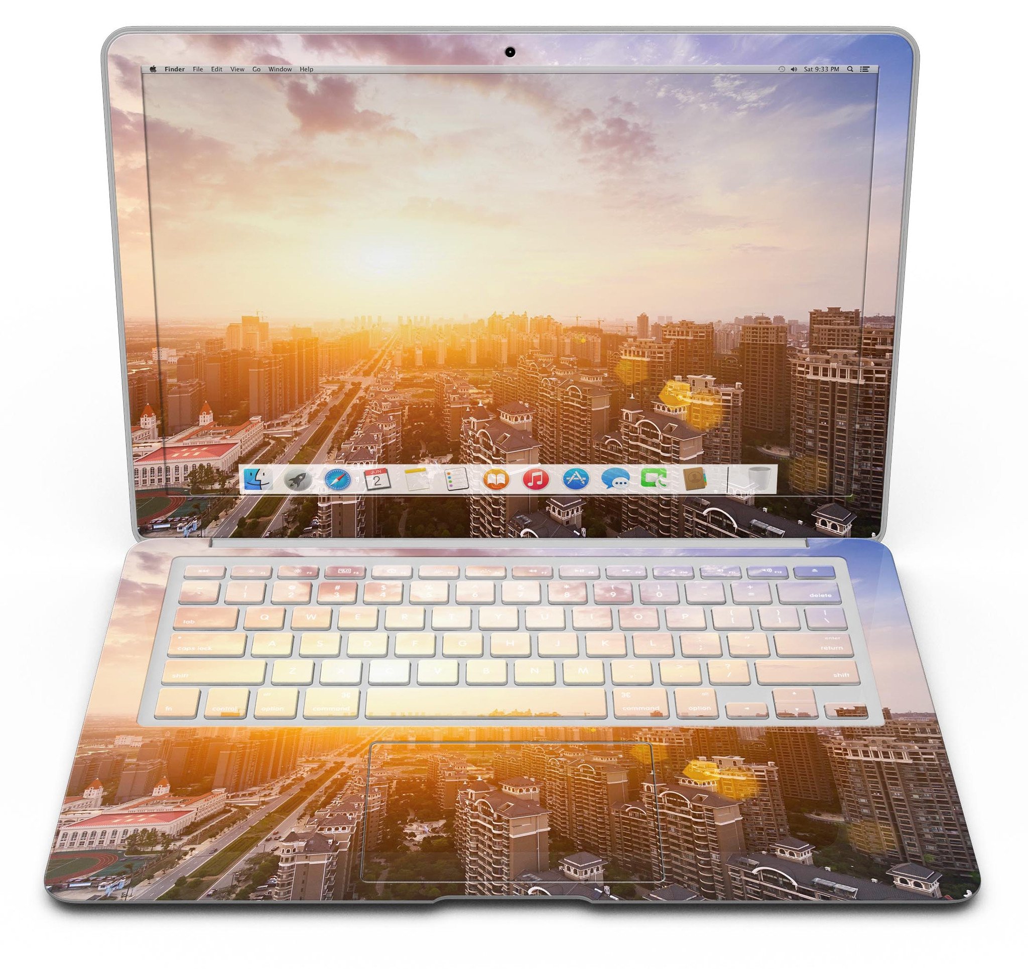 Cityscape at Sunset MacBook Air Skin Kit showcasing vibrant sunset colors and city skyline design.