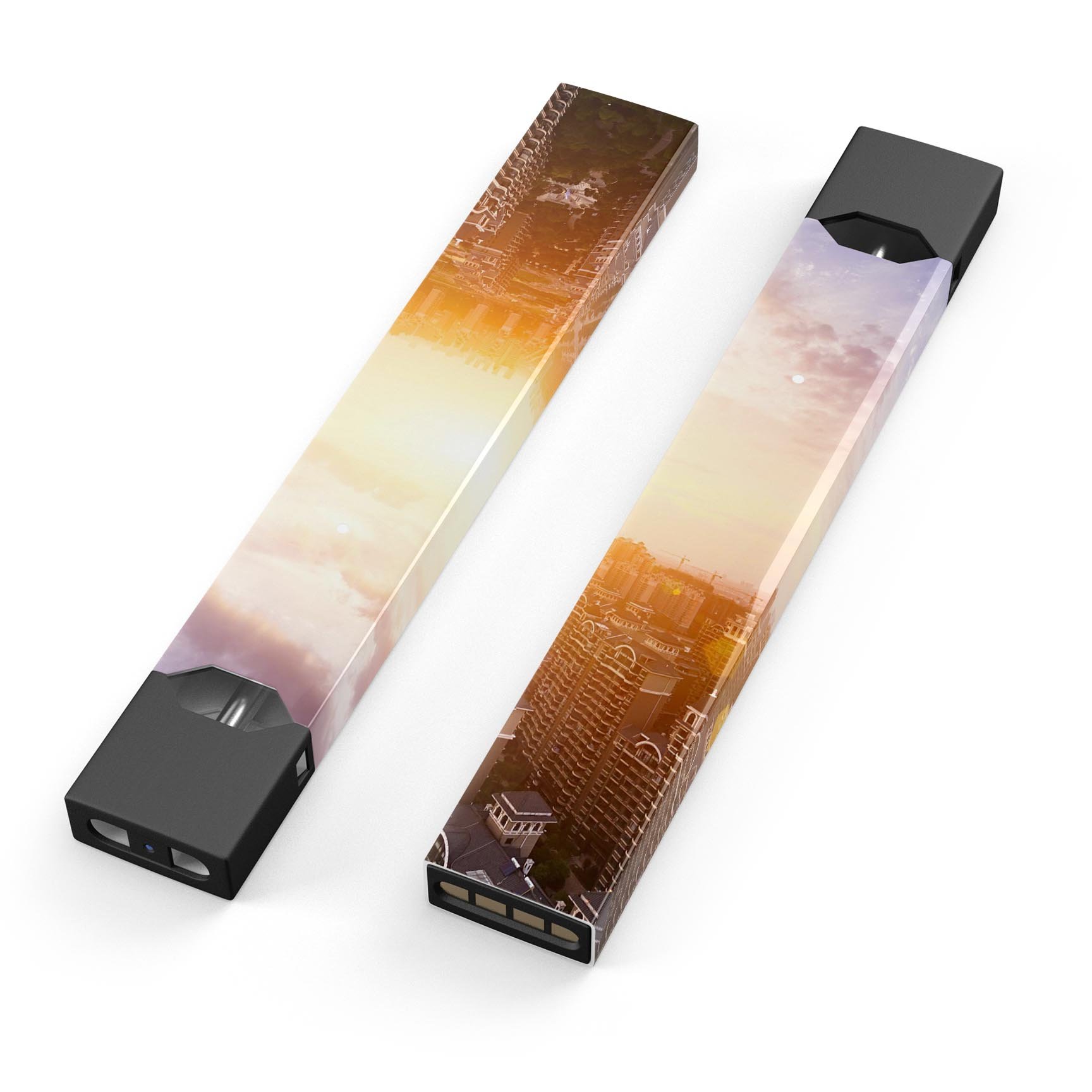 Cityscape at Sunset premium decal skin for JUUL vaping device, showcasing vibrant colors and a sleek design.