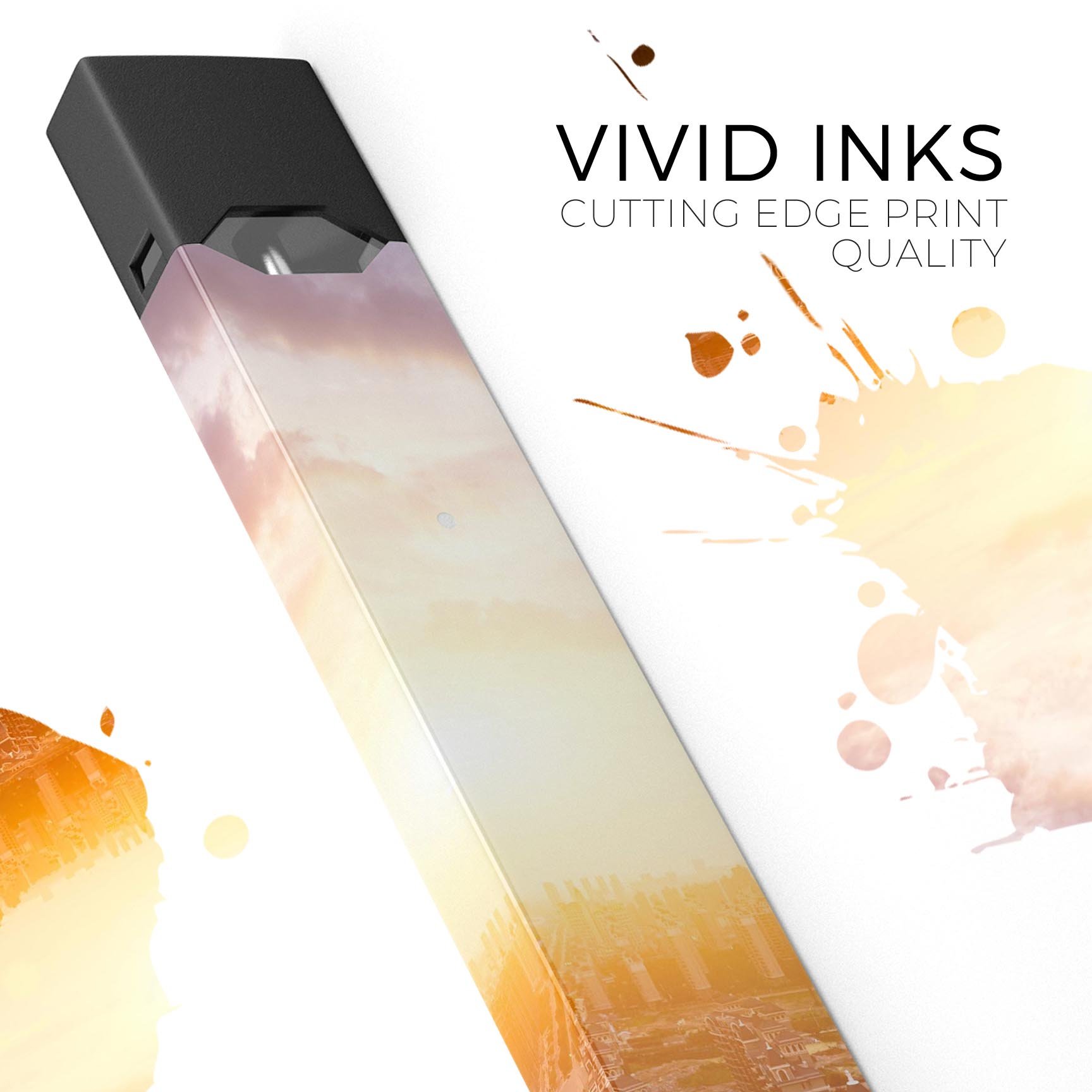 Cityscape at Sunset premium decal skin for JUUL vaping device, showcasing vibrant colors and a sleek design.