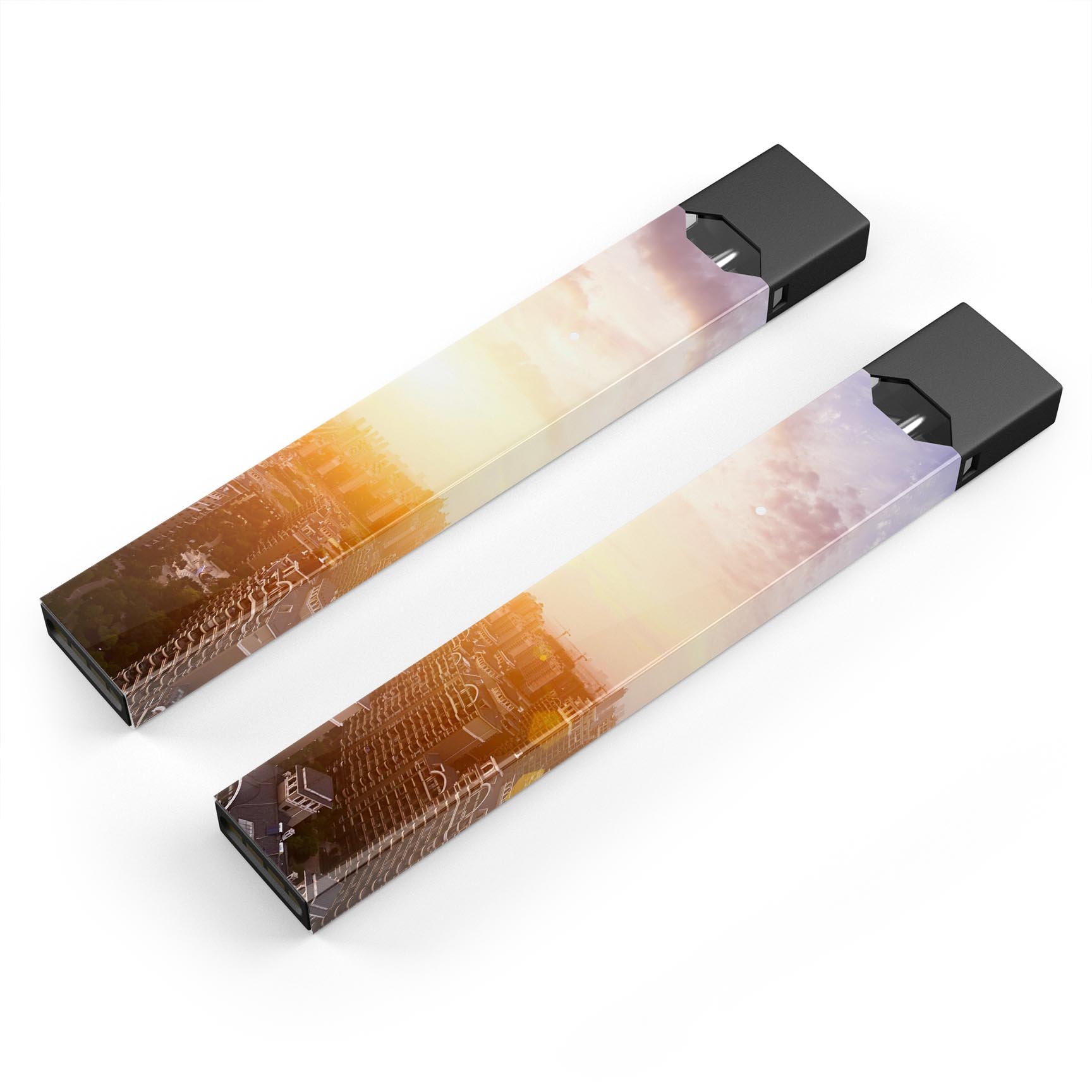 Cityscape at Sunset premium decal skin for JUUL vaping device, showcasing vibrant colors and a sleek design.