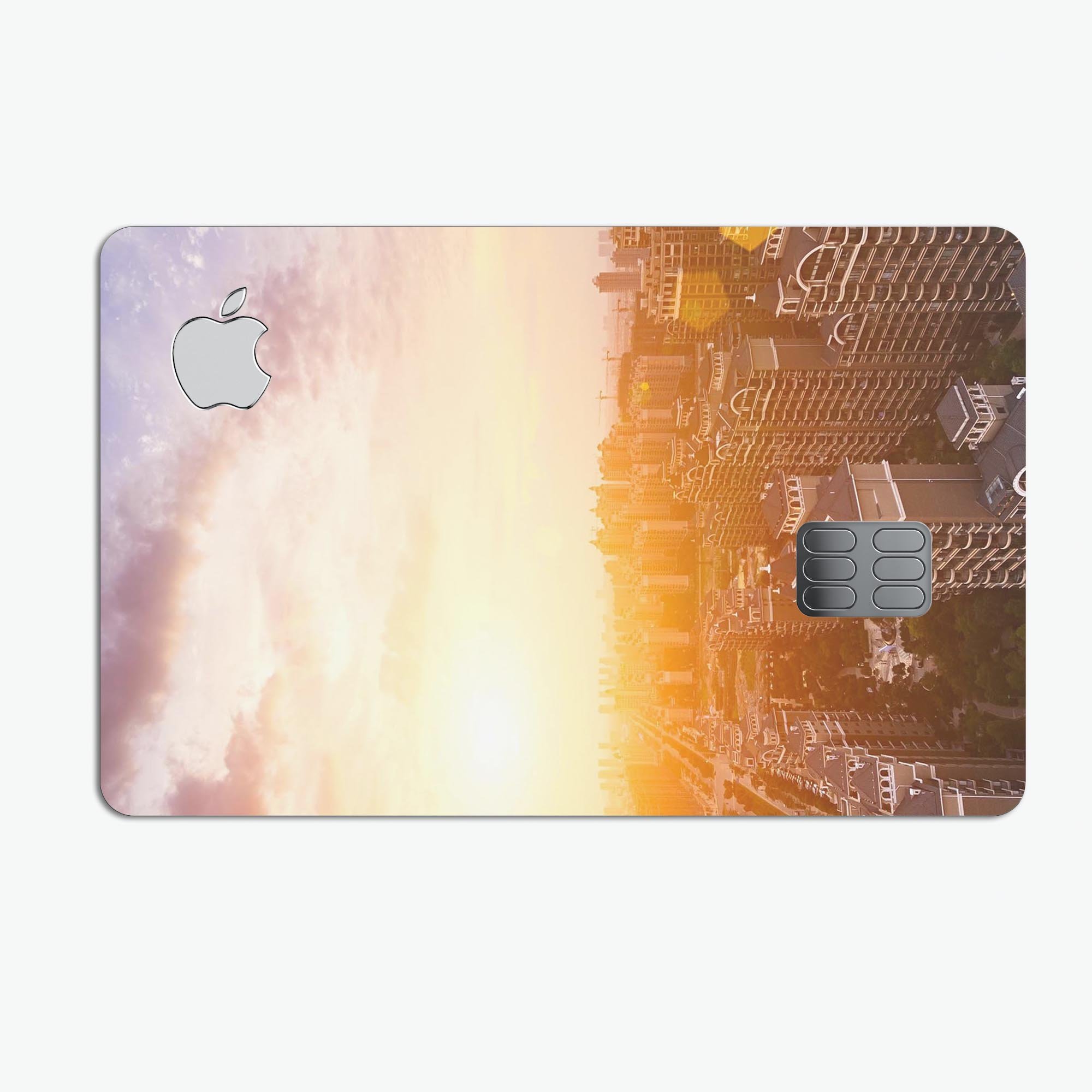 Cityscape at Sunset decal skin for Apple Card, showcasing vibrant colors and premium vinyl material.