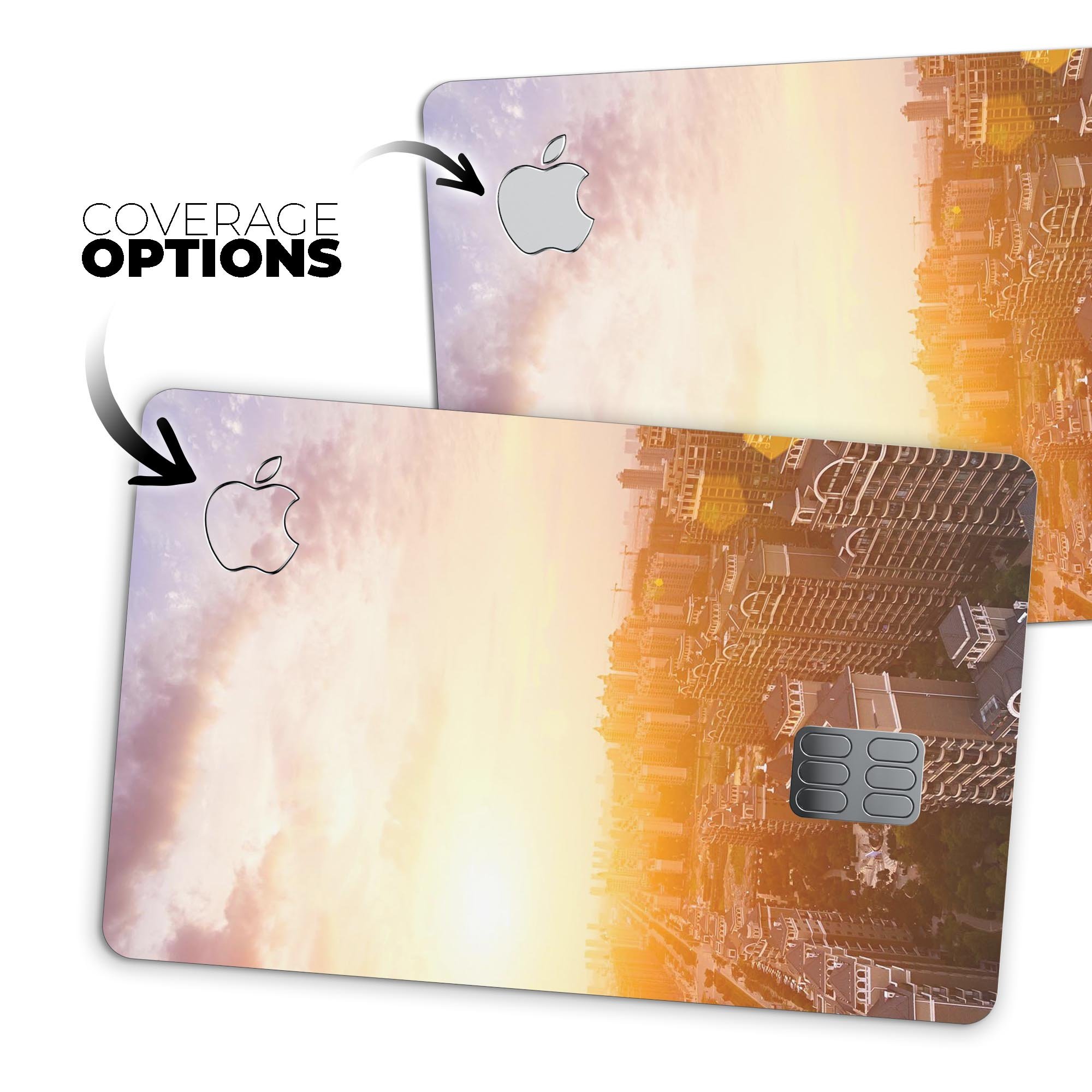 Cityscape at Sunset decal skin for Apple Card, showcasing vibrant colors and premium vinyl material.