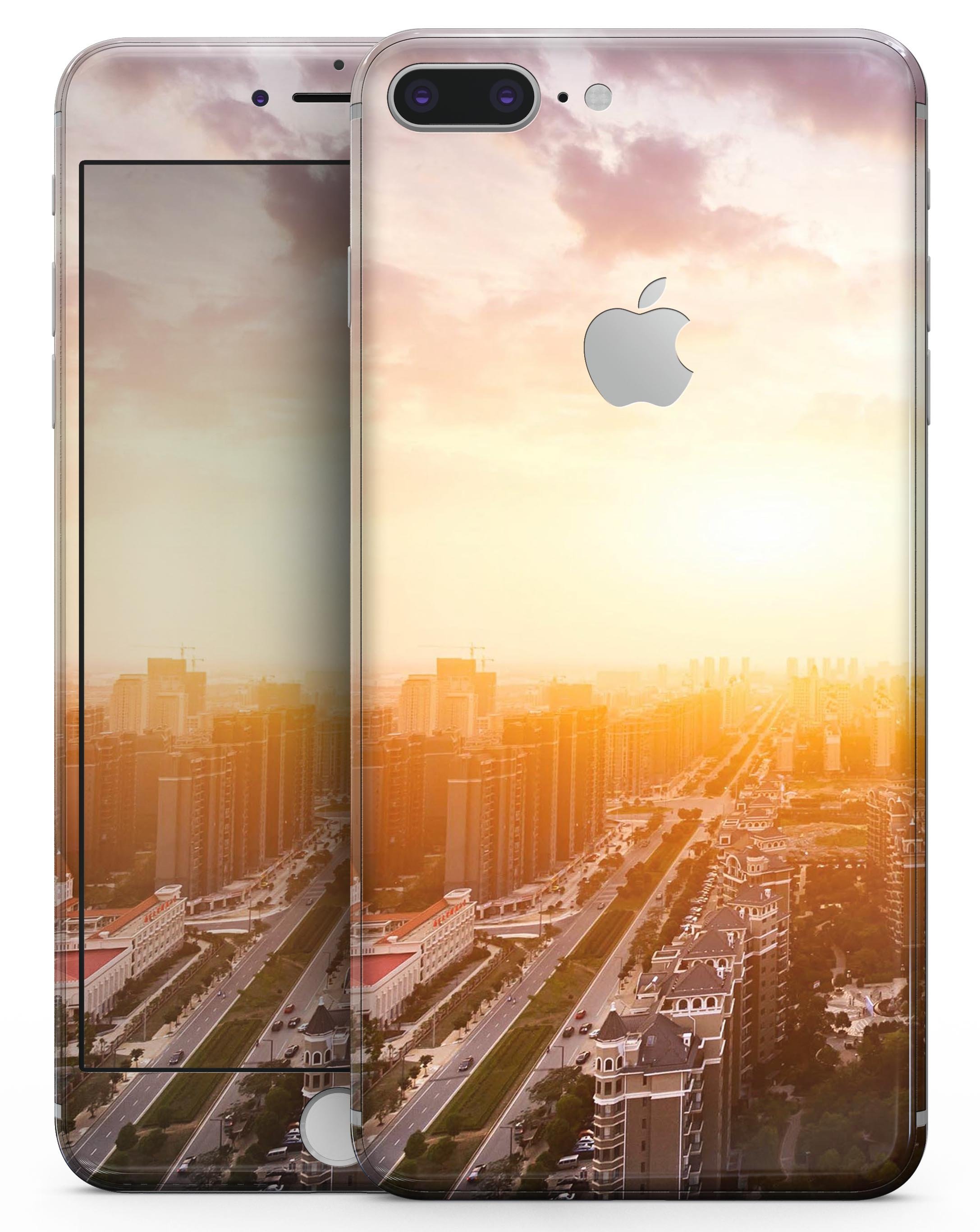 Cityscape at Sunset skin-kit for iPhone 8 and 8 Plus, showcasing vibrant colors and sleek design.