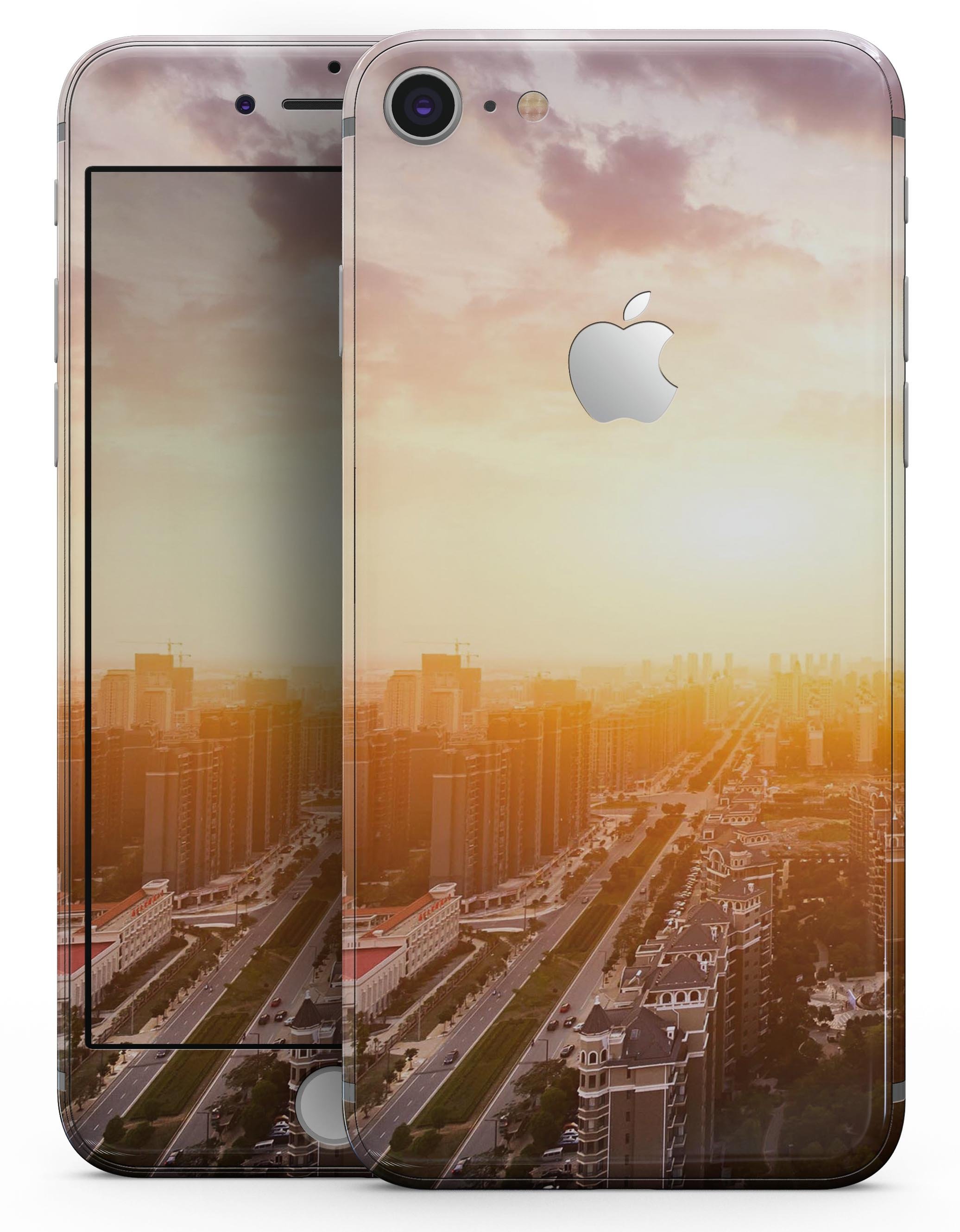 Cityscape at Sunset skin-kit for iPhone 8 and 8 Plus, showcasing vibrant colors and sleek design.