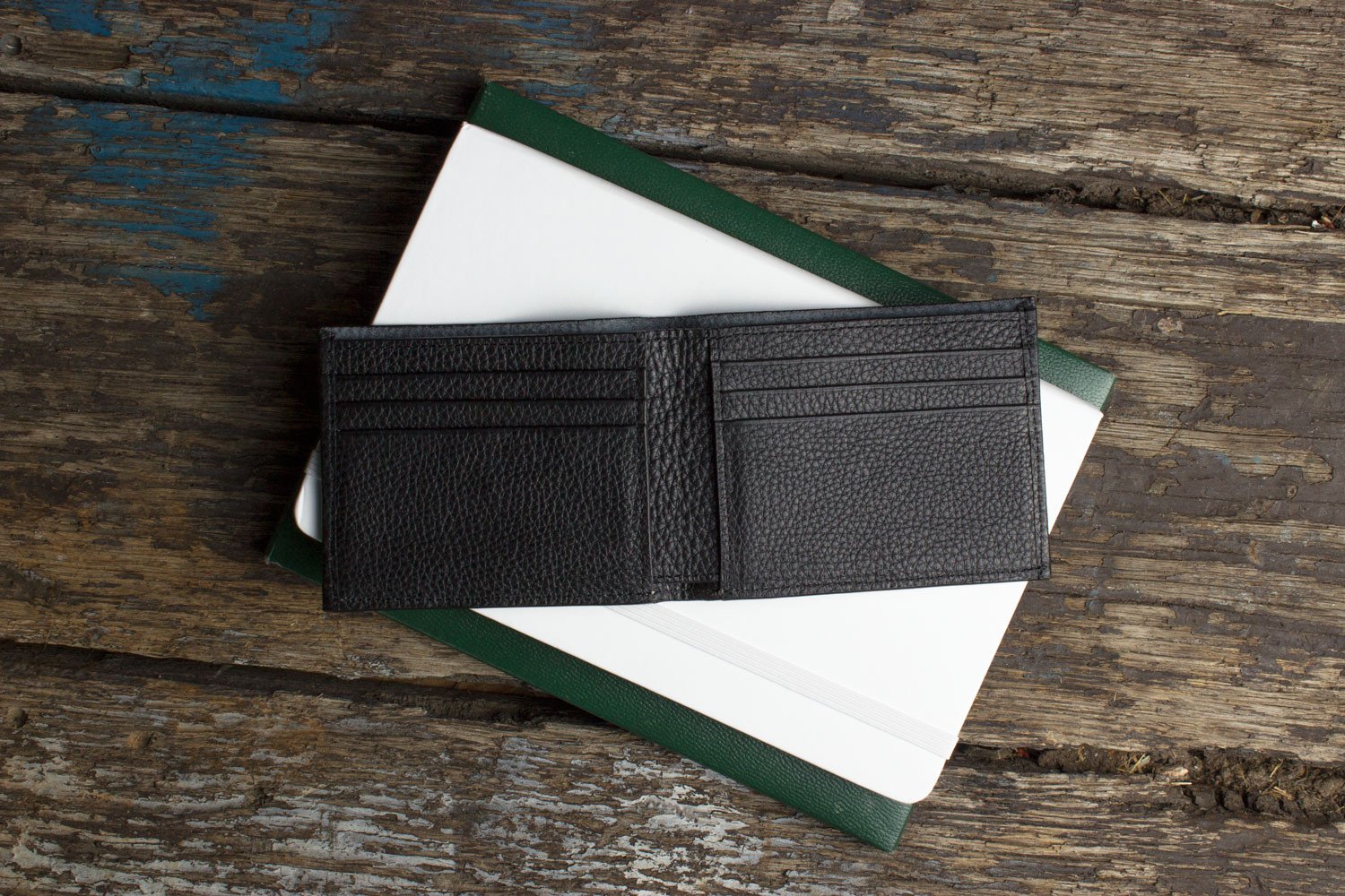 Classic Leather Wallet made from pebbled top grain cowhide with 6 card slots and contrast stitching.