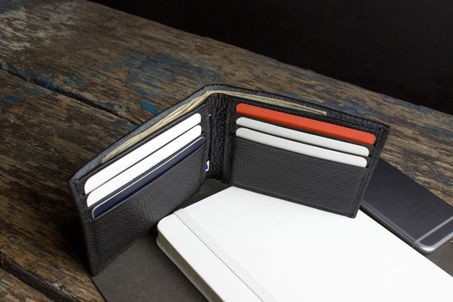 Classic Leather Wallet made from pebbled top grain cowhide with 6 card slots and contrast stitching.