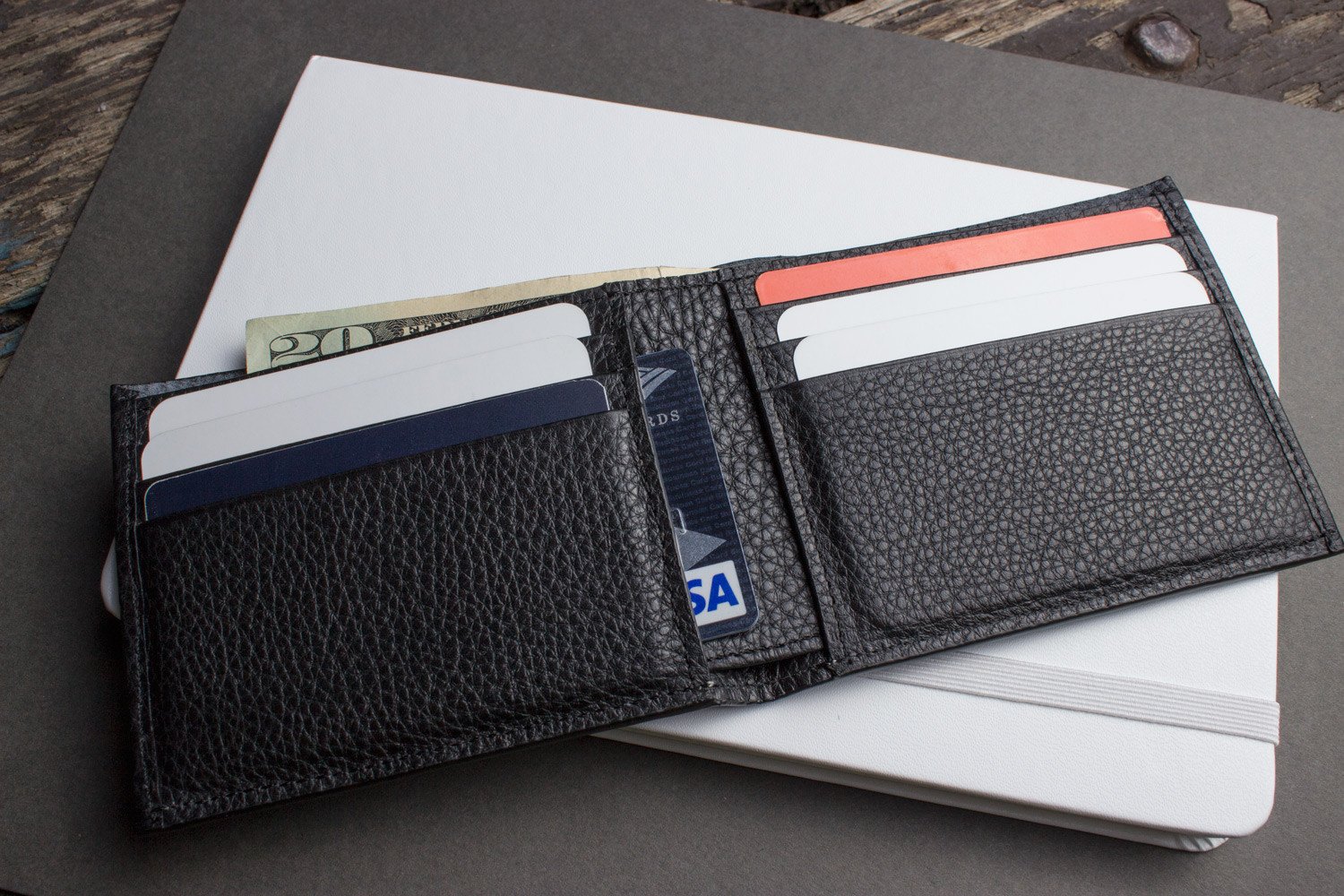 Classic Leather Wallet made from pebbled top grain cowhide with 6 card slots and contrast stitching.