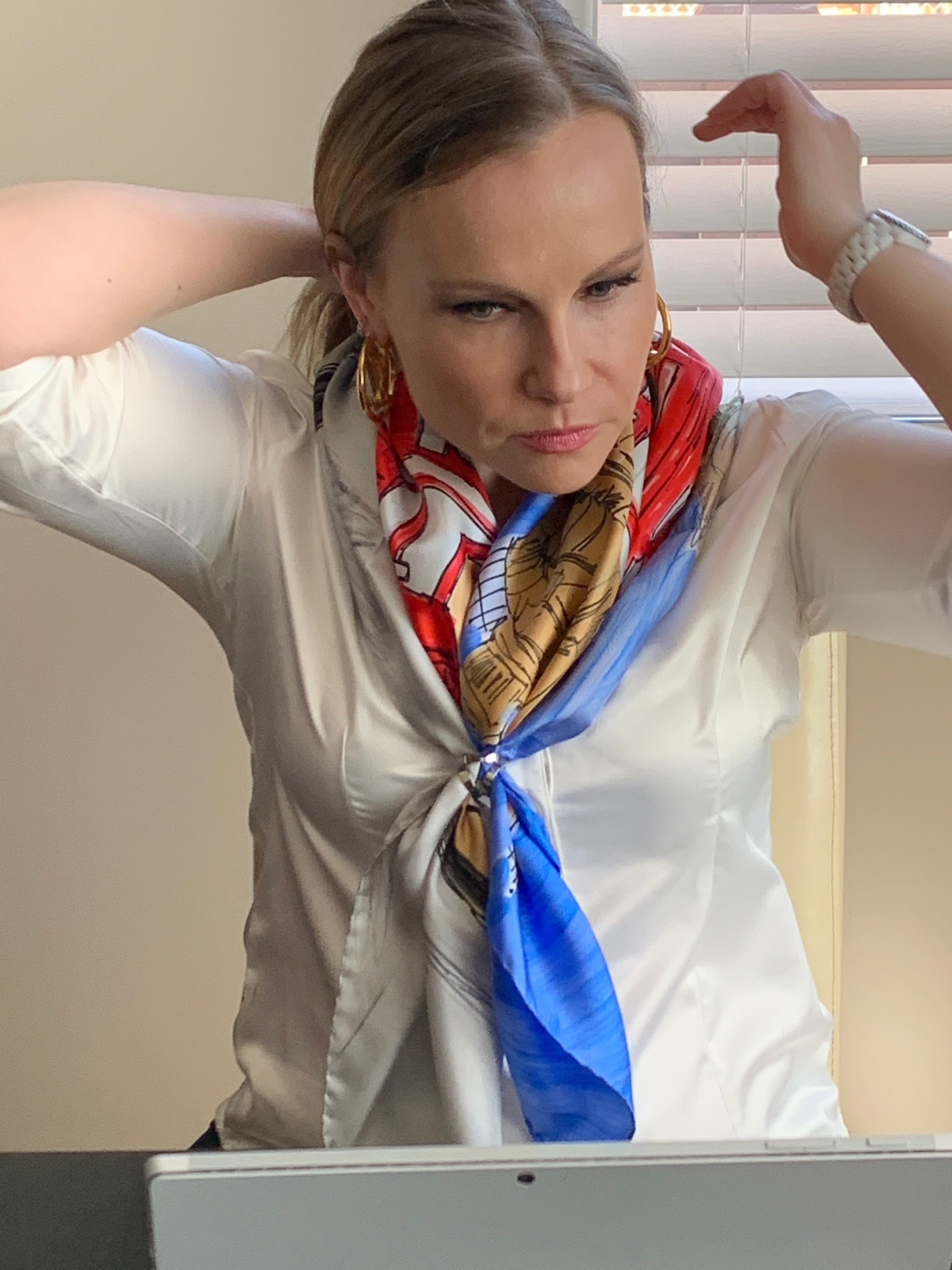 Classic London Ladies Scarf featuring hand-sketched London imagery on luxurious silk, available in Blue and Red.