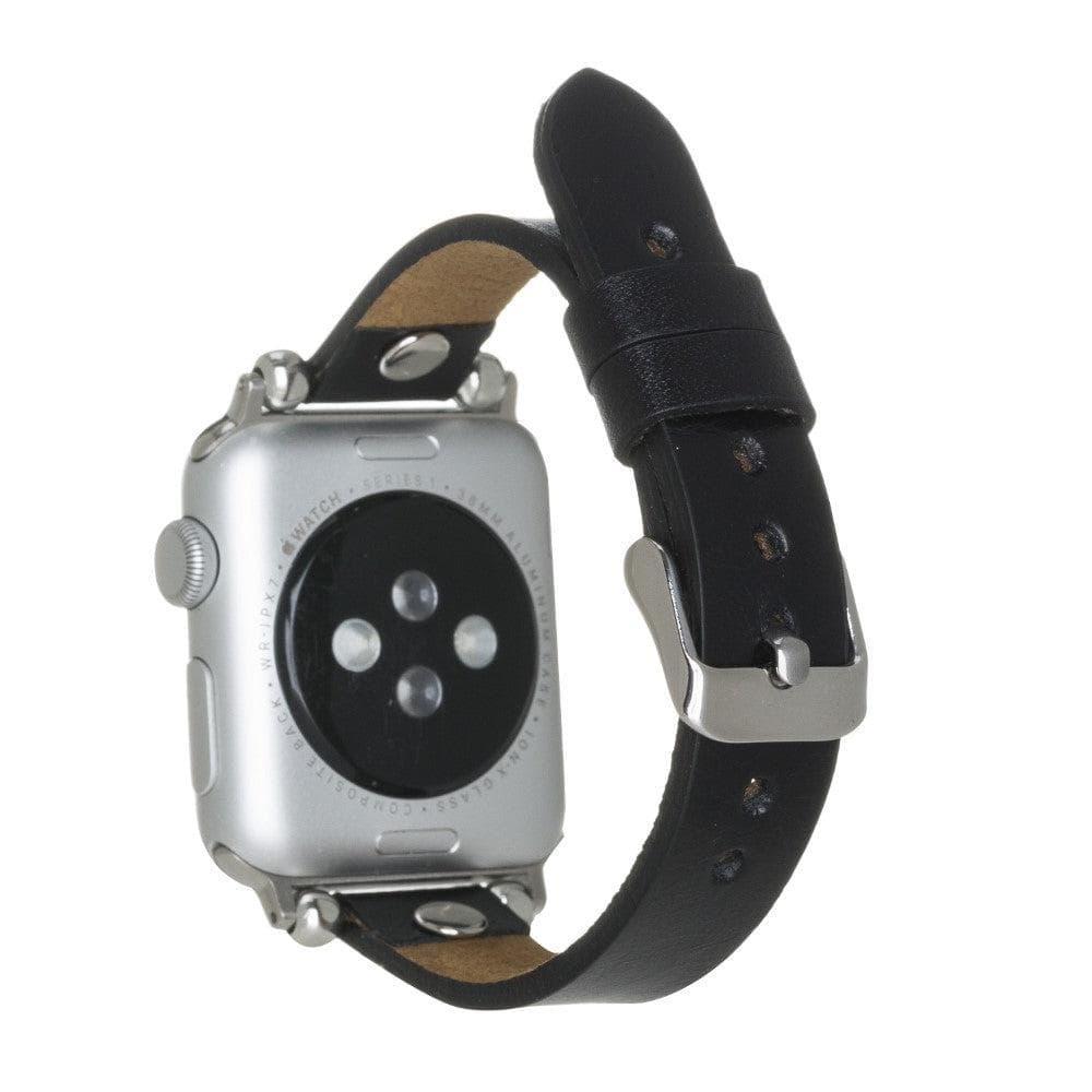 Clitheroe Ferro Apple Watch Leather Strap in premium full-grain leather with stainless steel buckle, showcasing personalization options.