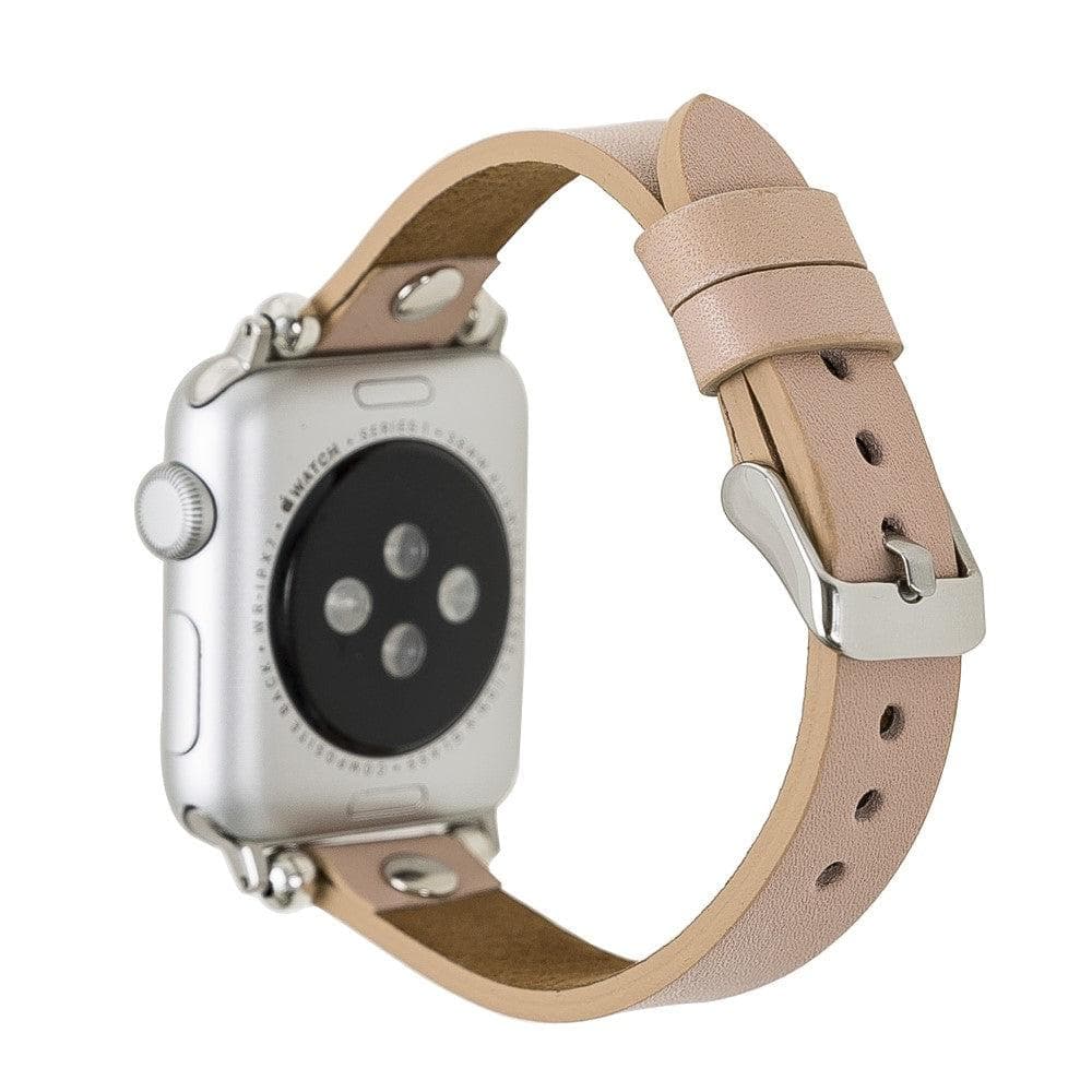 Clitheroe Ferro Apple Watch Leather Strap in premium full-grain leather with stainless steel buckle, showcasing personalization options.