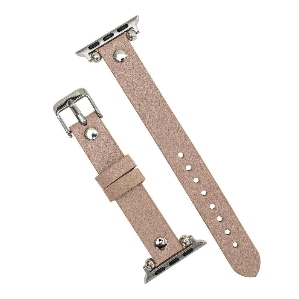 Clitheroe Ferro Apple Watch Leather Strap in premium full-grain leather with stainless steel buckle, showcasing personalization options.