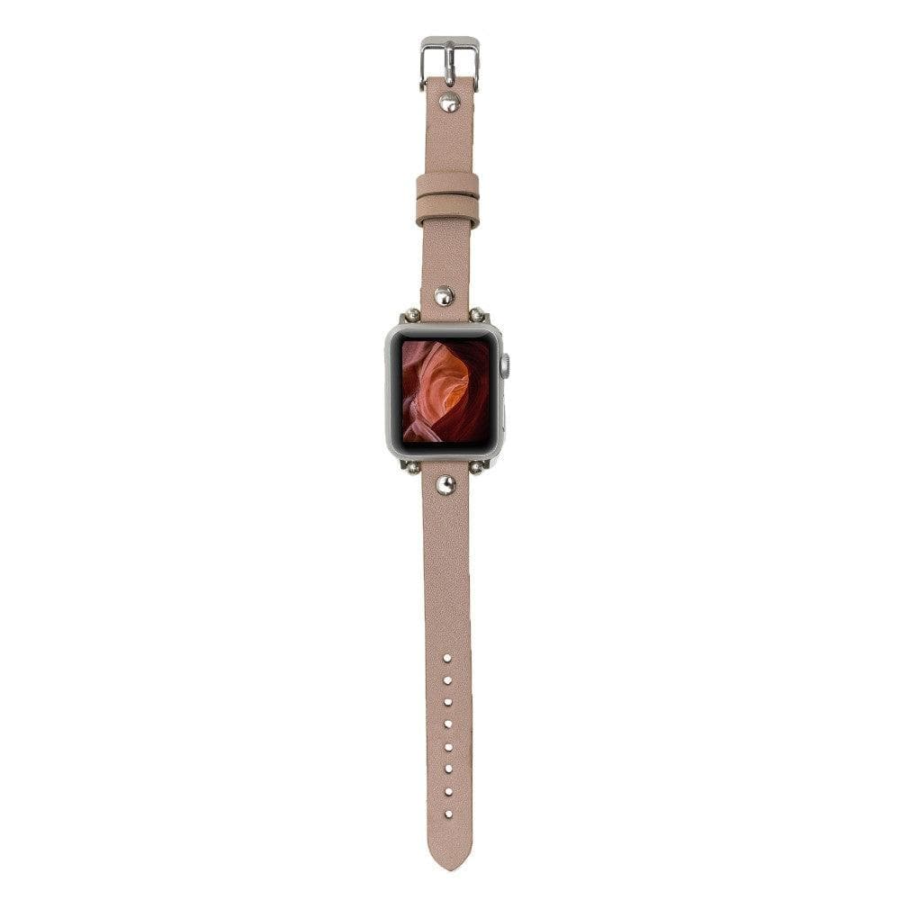 Clitheroe Ferro Apple Watch Leather Strap in premium full-grain leather with stainless steel buckle, showcasing personalization options.