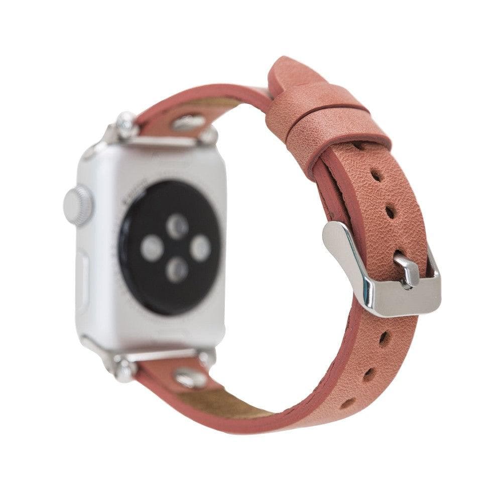 Clitheroe Ferro Apple Watch Leather Strap in premium full-grain leather with stainless steel buckle, showcasing personalization options.