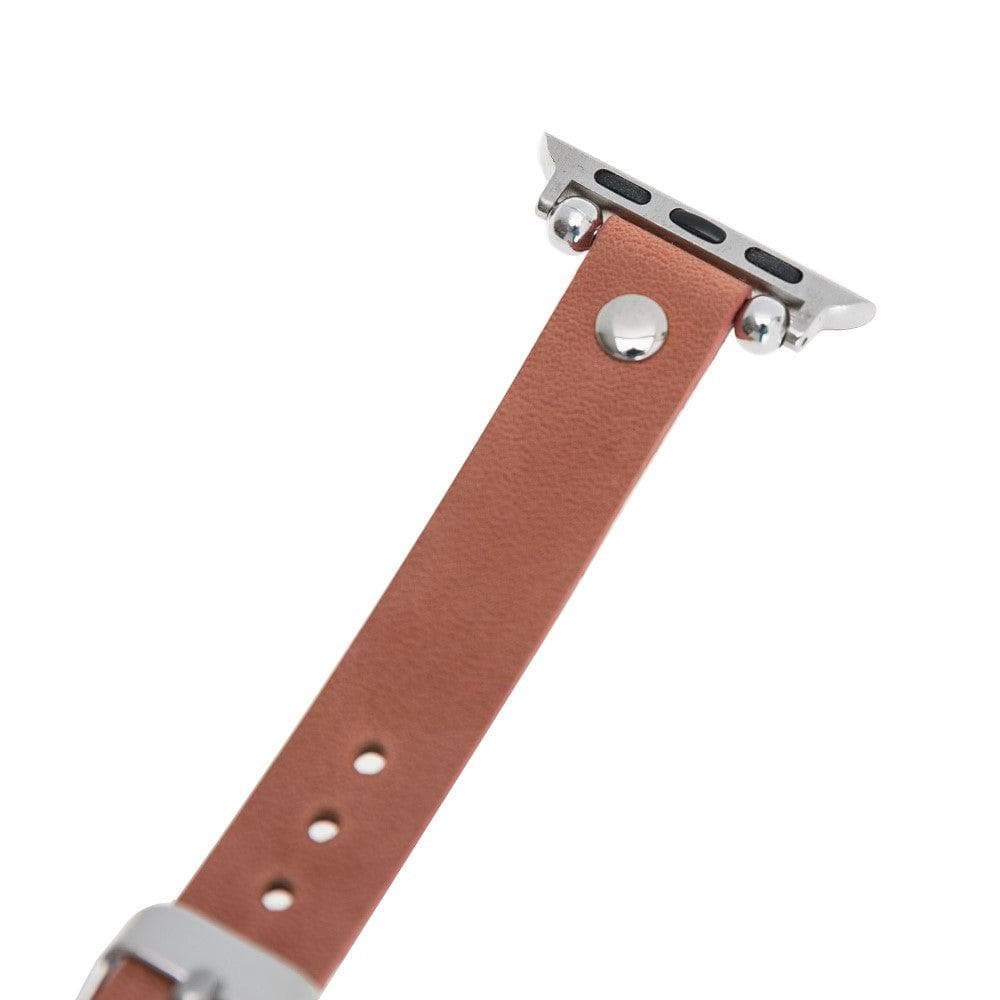 Clitheroe Ferro Apple Watch Leather Strap in premium full-grain leather with stainless steel buckle, showcasing personalization options.