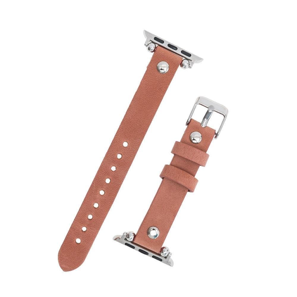 Clitheroe Ferro Apple Watch Leather Strap in premium full-grain leather with stainless steel buckle, showcasing personalization options.