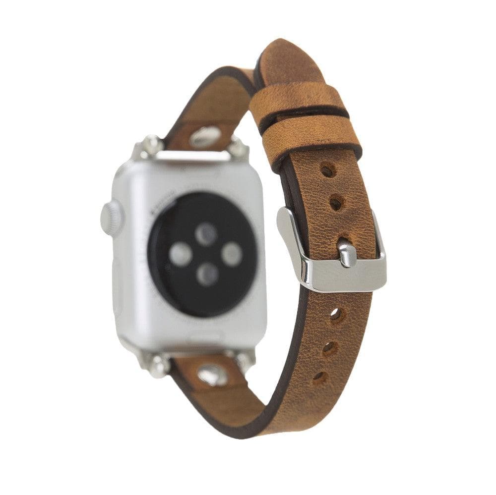 Clitheroe Ferro Apple Watch Leather Strap in premium full-grain leather with stainless steel buckle, showcasing personalization options.