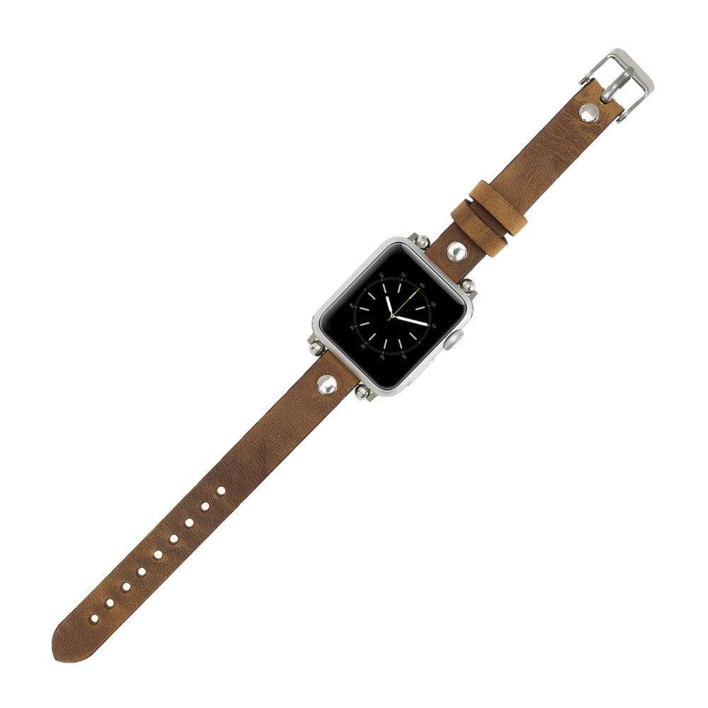 Clitheroe Ferro Apple Watch Leather Strap in premium full-grain leather with stainless steel buckle, showcasing personalization options.