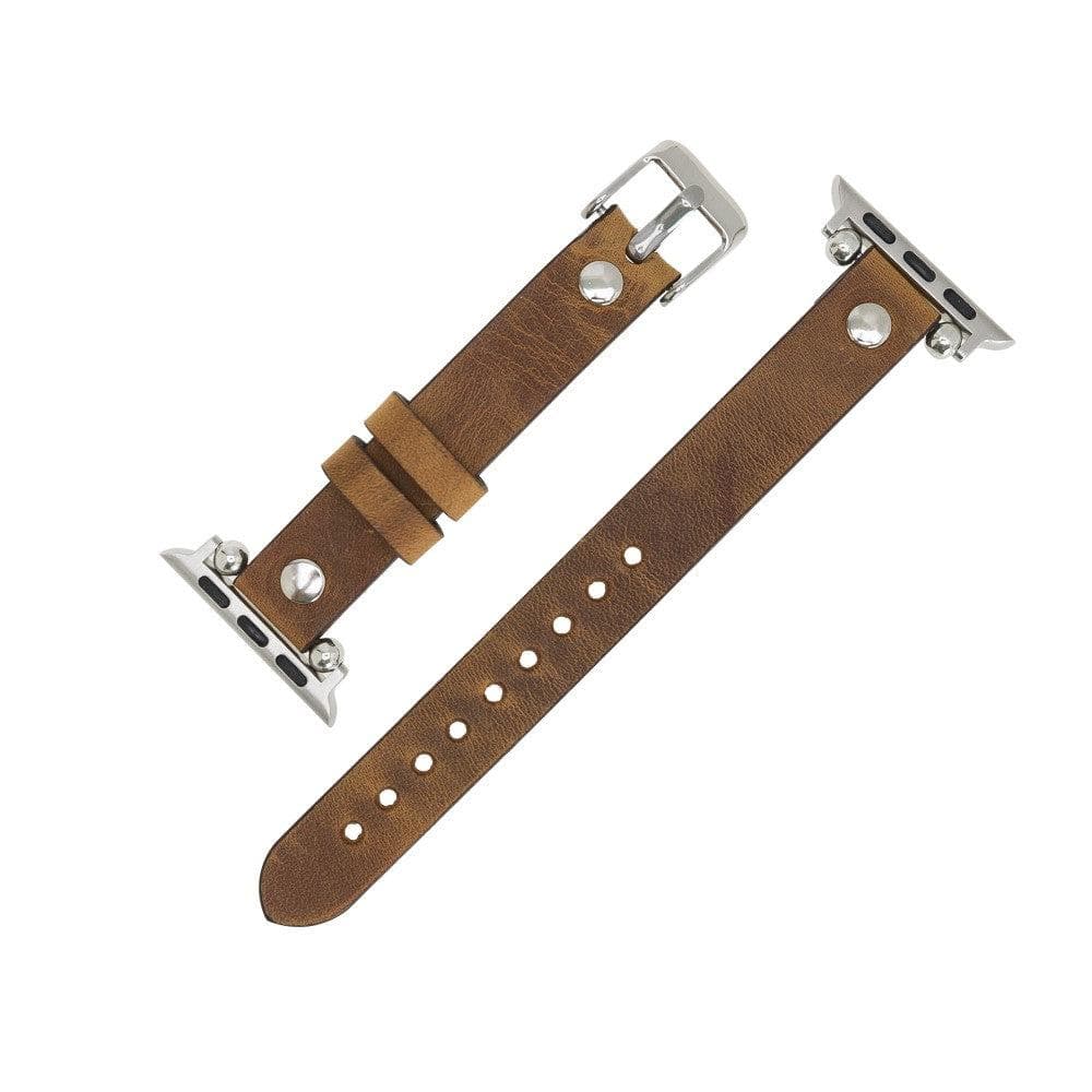 Clitheroe Ferro Apple Watch Leather Strap in premium full-grain leather with stainless steel buckle, showcasing personalization options.