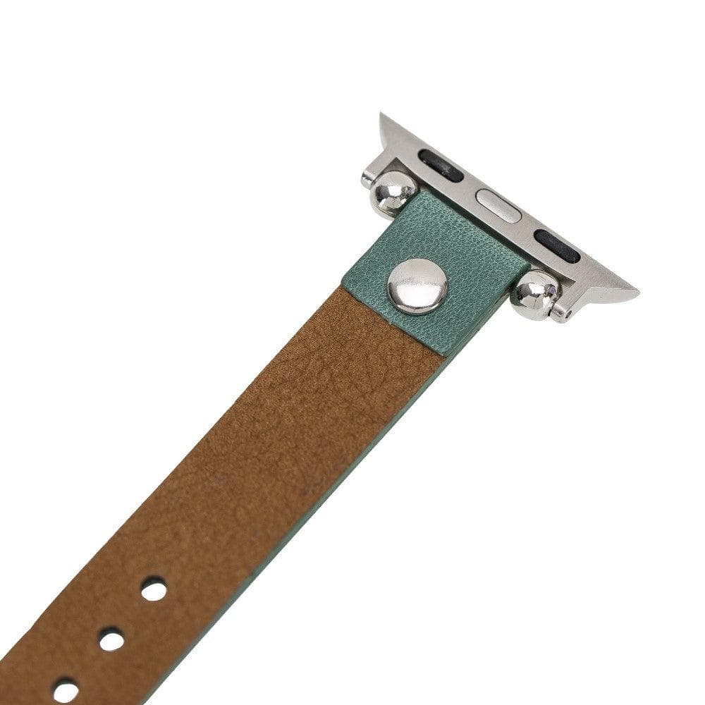 Clitheroe Ferro Apple Watch Leather Strap in premium full-grain leather with stainless steel buckle, showcasing personalization options.