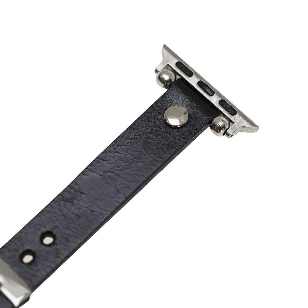 Clitheroe Ferro Apple Watch Leather Strap in premium full-grain leather with stainless steel buckle, showcasing personalization options.