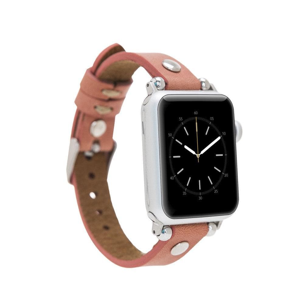 Clitheroe Ferro Apple Watch Leather Strap in premium full-grain leather with stainless steel buckle, showcasing personalization options.